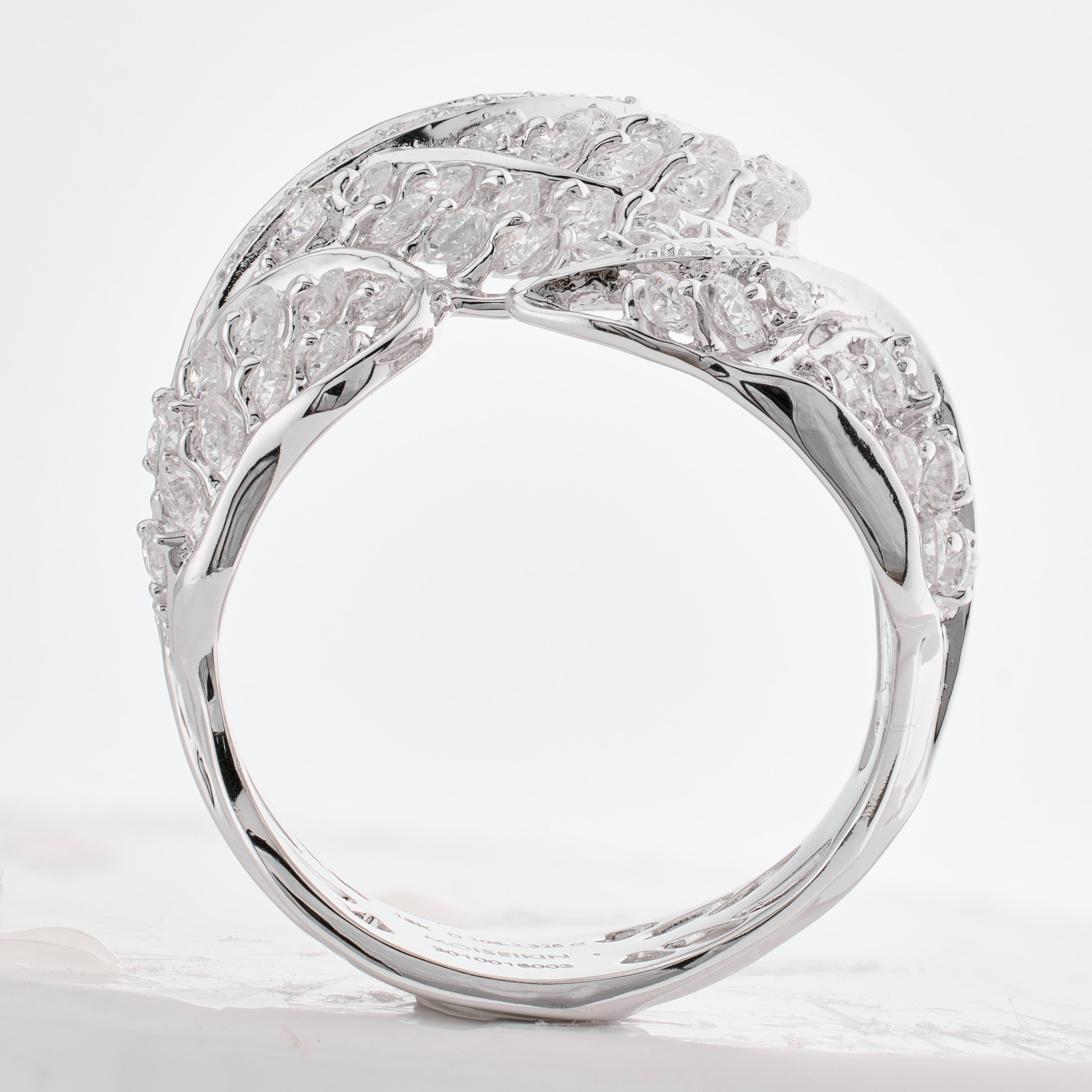 Round Cut Moiseikin 18 Karat White Gold 2 Carat Diamond Angel Wing Ring For Sale