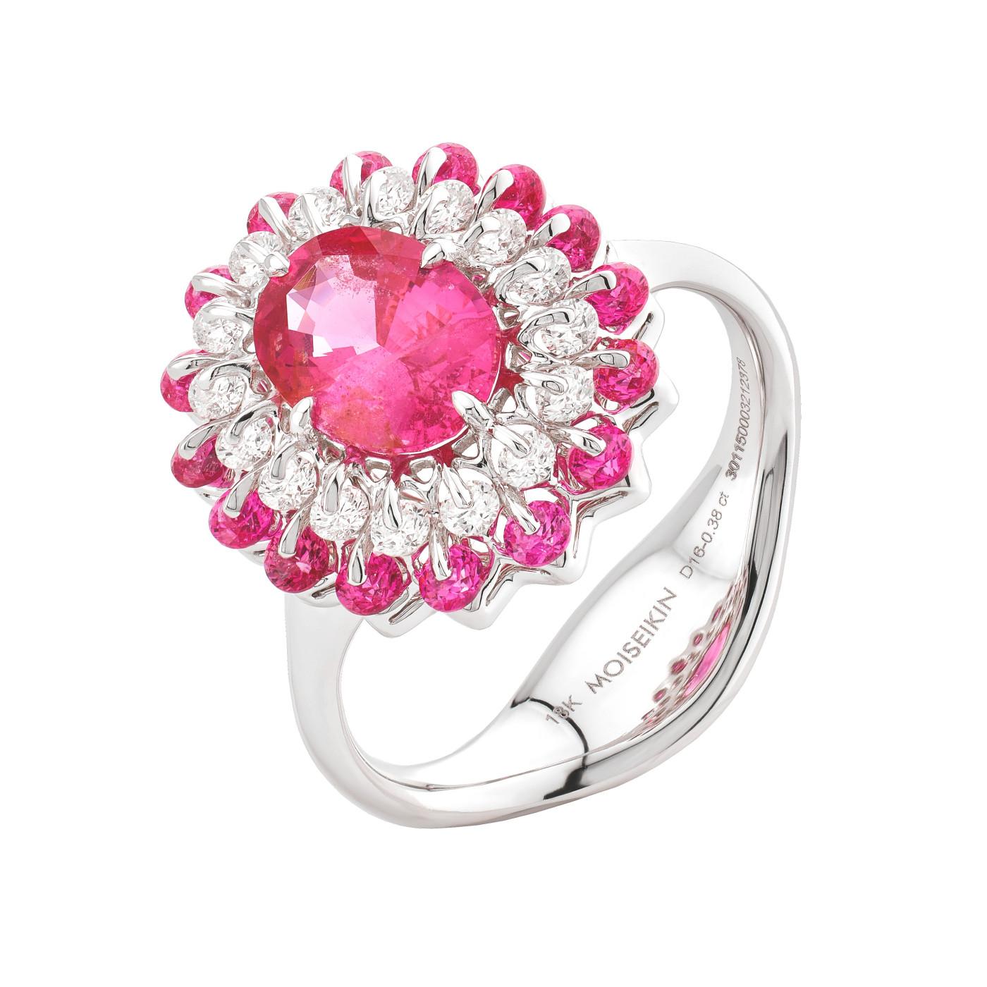 A rare symphony of elegance and movement, this exquisite ring showcases a natural Mahenge spinel from Tanzania—untreated and glowing with vibrant pink fire.

Crafted in 18K white gold, the centrepiece is a 1.71ct oval spinel, certified no heat.