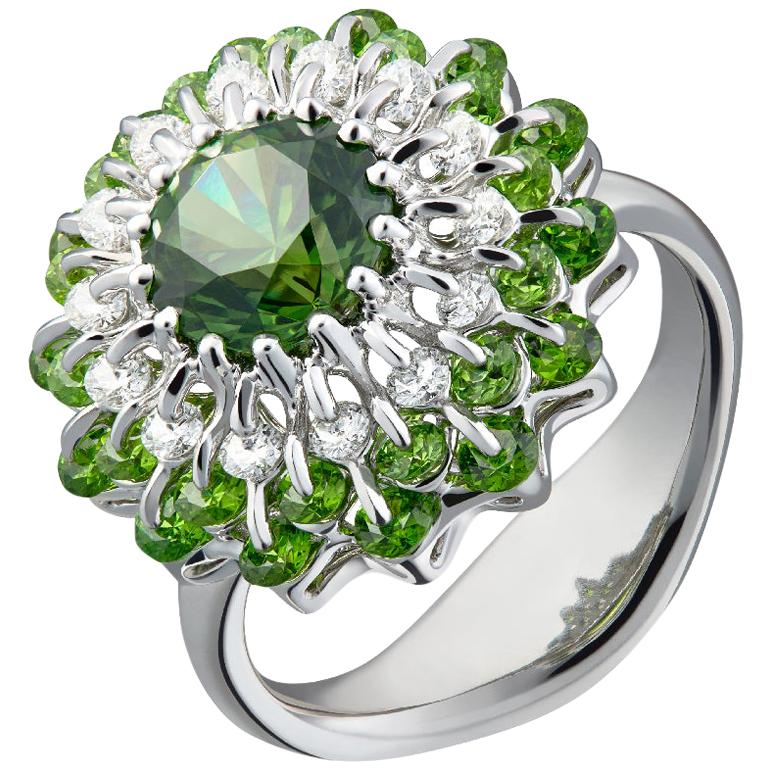 Moiseikin 18 Karat White Gold 2.18 Carat Demantoid Garnet Diamond Ring For Sale