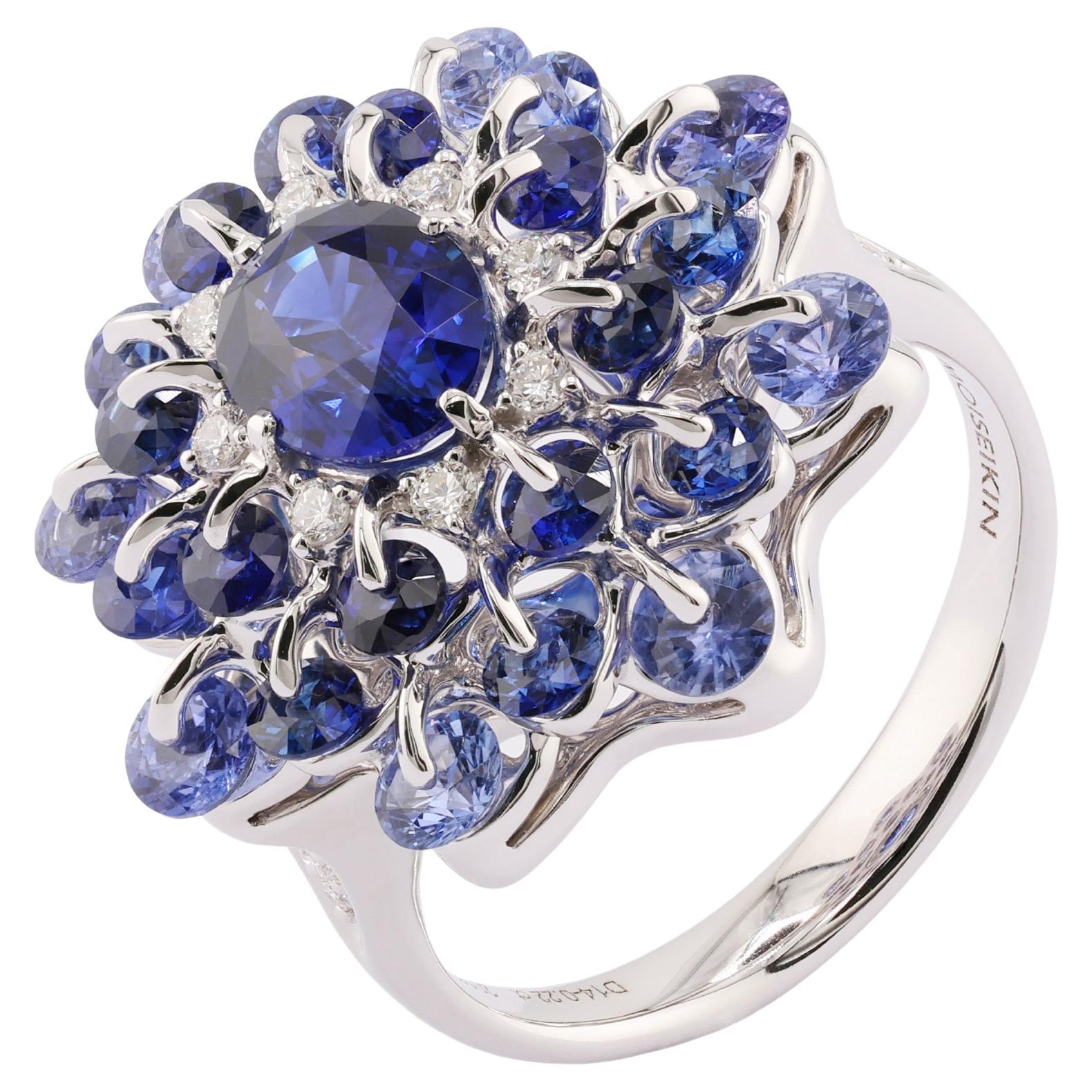 MOISEIKIN 18 Karat White Gold 4.89ct Blue Sapphire Diamond Cocktail Ring For Sale