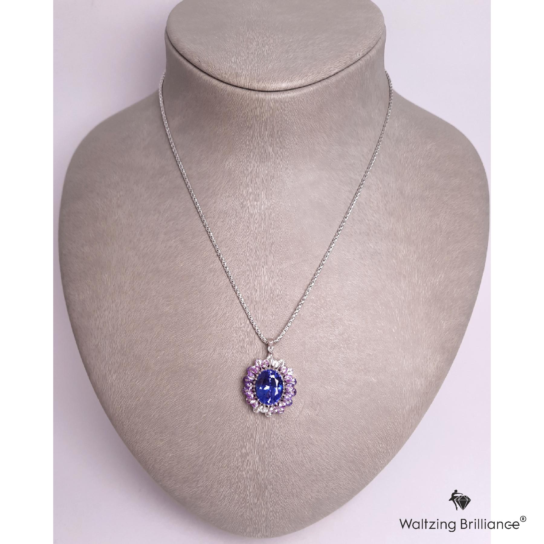 Moiseikin 18 Karat White Gold 6ct Vivid Tanzanite Diamond Sapphire Pendant In New Condition For Sale In Hong Kong, HK