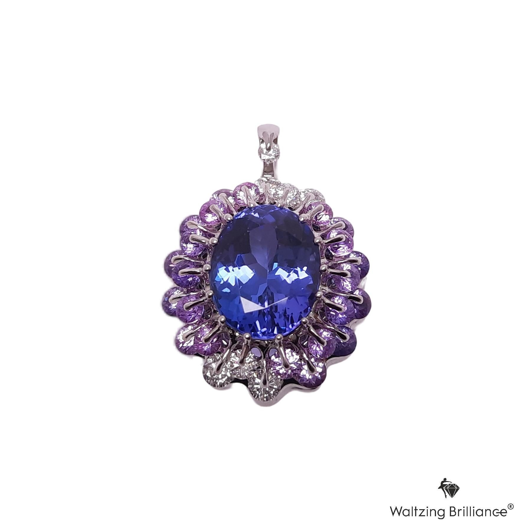 Women's Moiseikin 18 Karat White Gold 6ct Vivid Tanzanite Diamond Sapphire Pendant For Sale