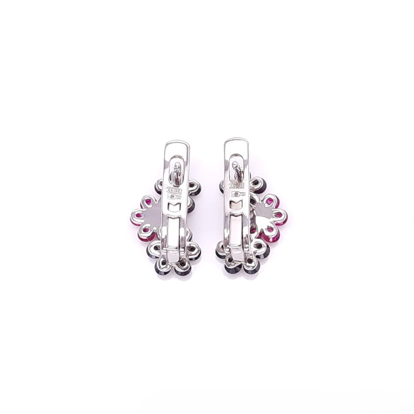 Contemporary MOISEIKIN 18 Karat White Gold Black Diamond Ruby Earrings For Sale