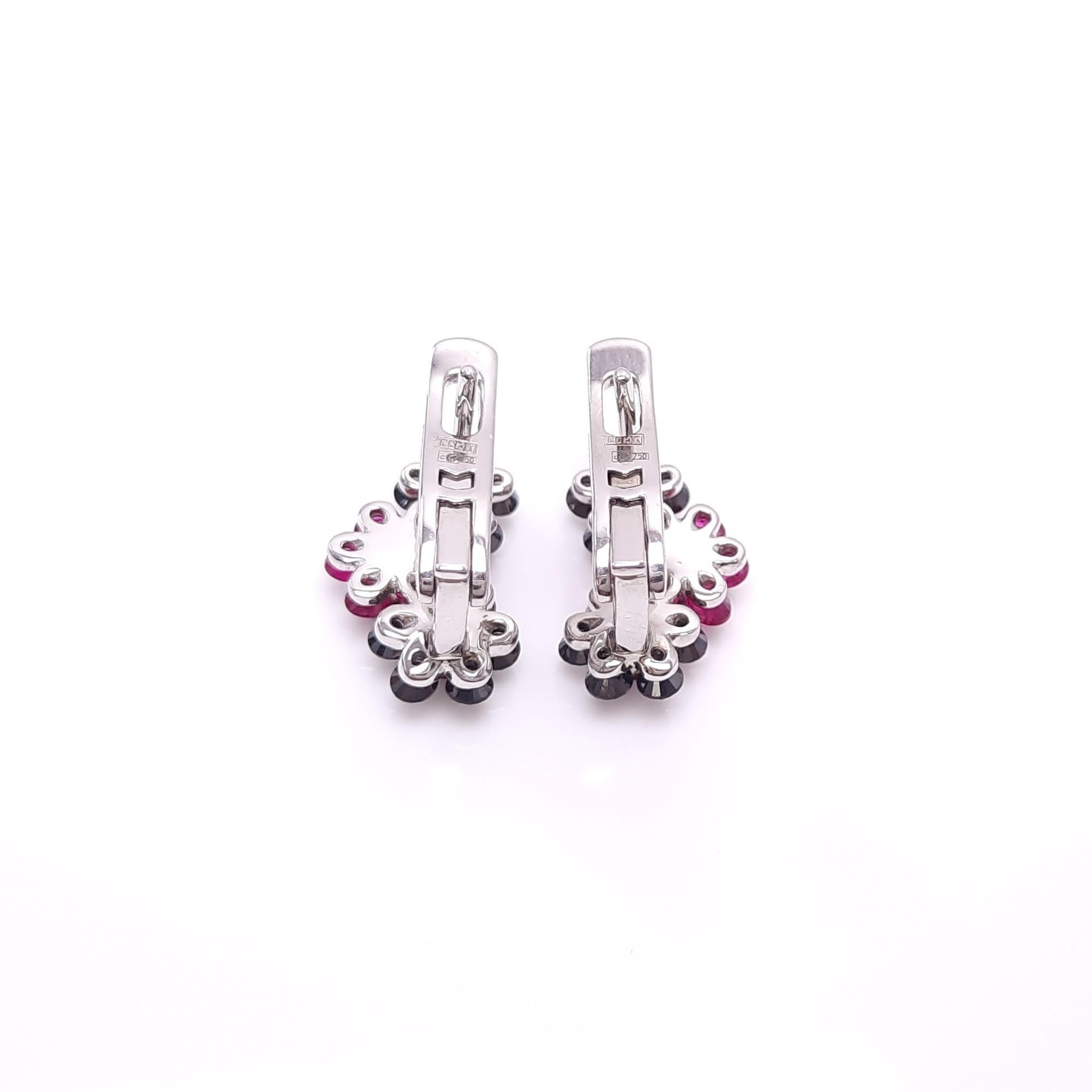 Round Cut MOISEIKIN 18 Karat White Gold Black Diamond Ruby Earrings For Sale