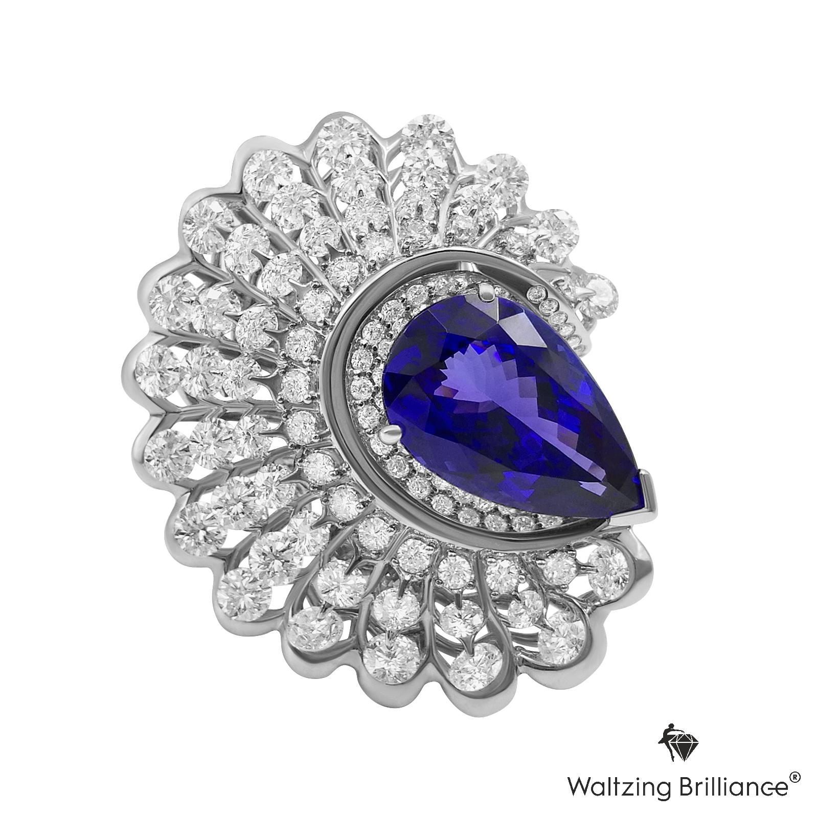 9ct intensive blue Tanzanite is gracefully mounted on angel feather diamond frame, employed patented gemstone setting 