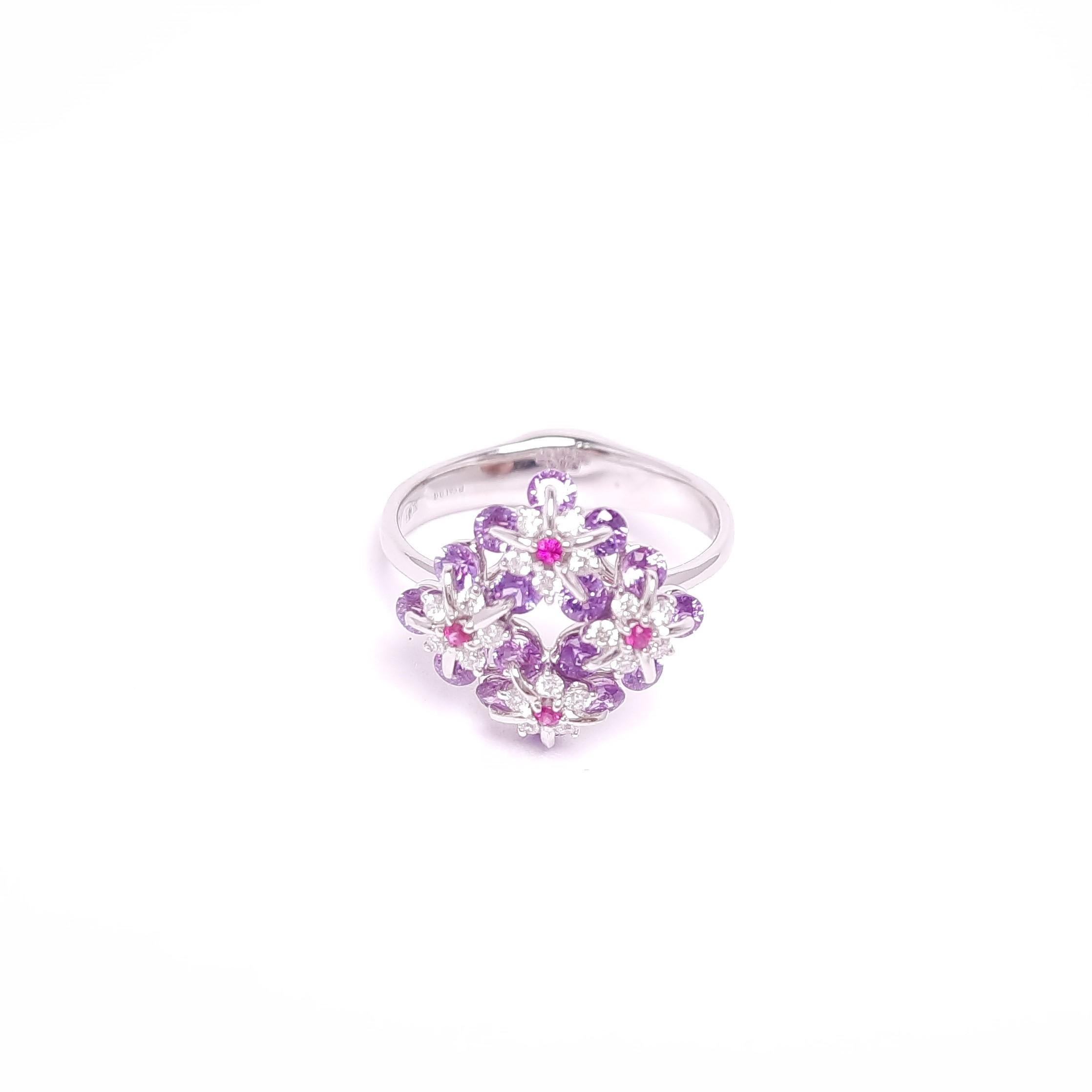 Symbol of remembrance and eternal love, Forget Me Not flower has become an everlasting flower made in 18karat white gold, diamonds and fancy sapphires. Mounted in Waltzing Brilliance technology, this lively ring will be a precious remembrance of