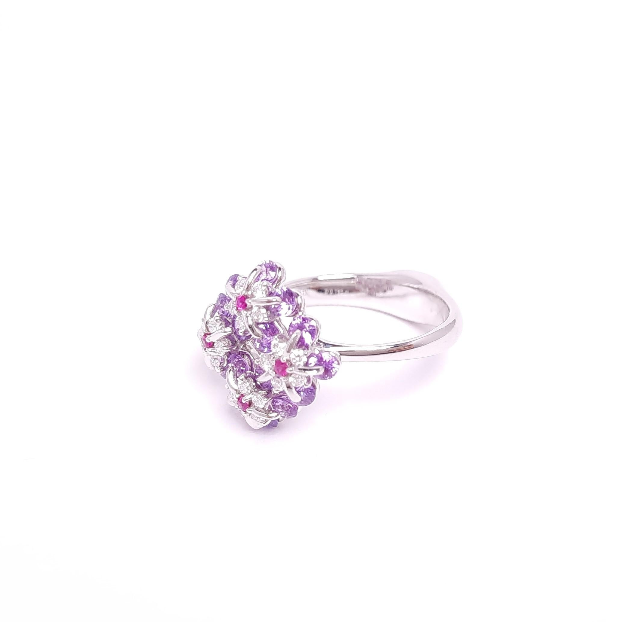 Modern Moiseikin 18 Karat White Gold Diamond Fancy Sapphire Floral Ring