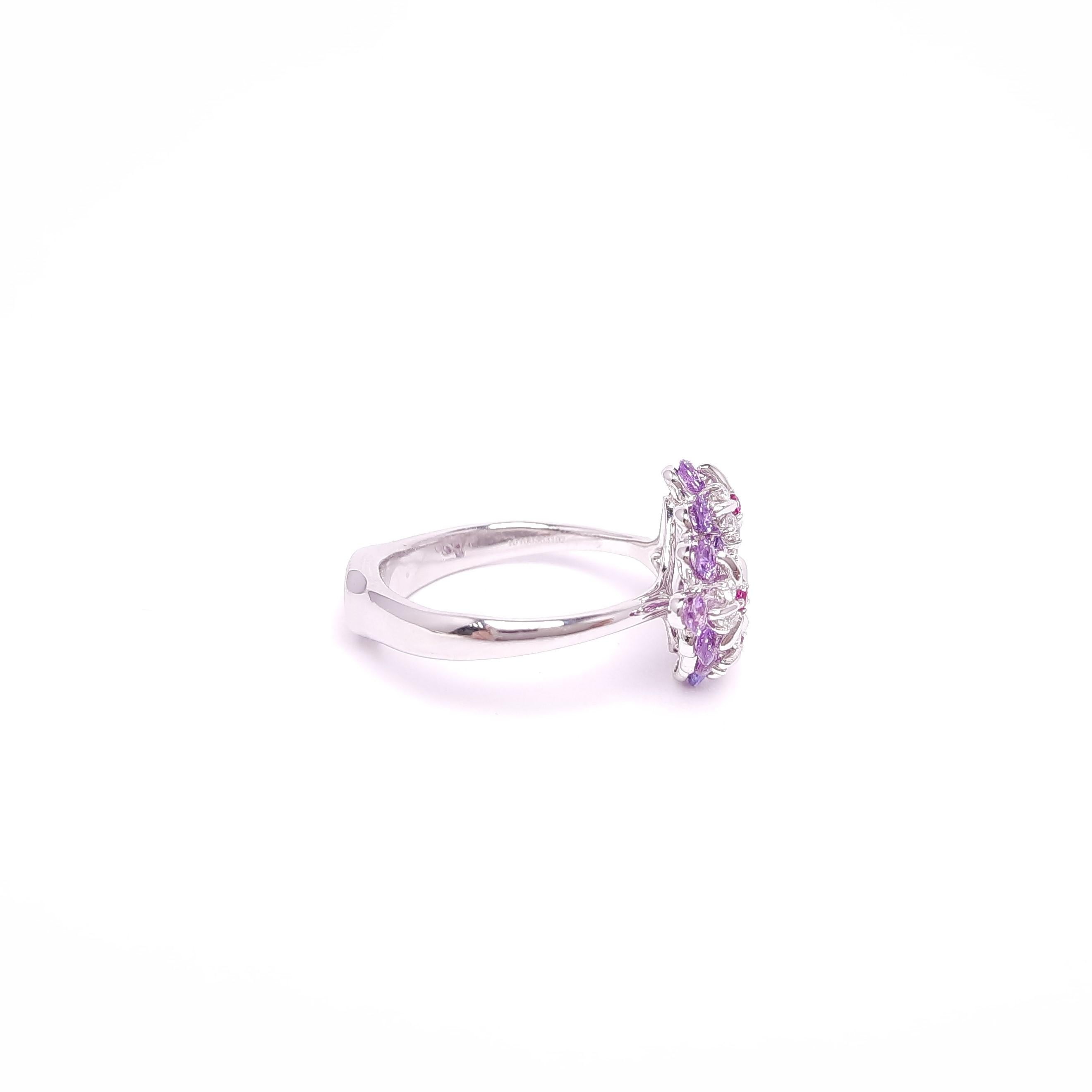 Round Cut Moiseikin 18 Karat White Gold Diamond Fancy Sapphire Floral Ring