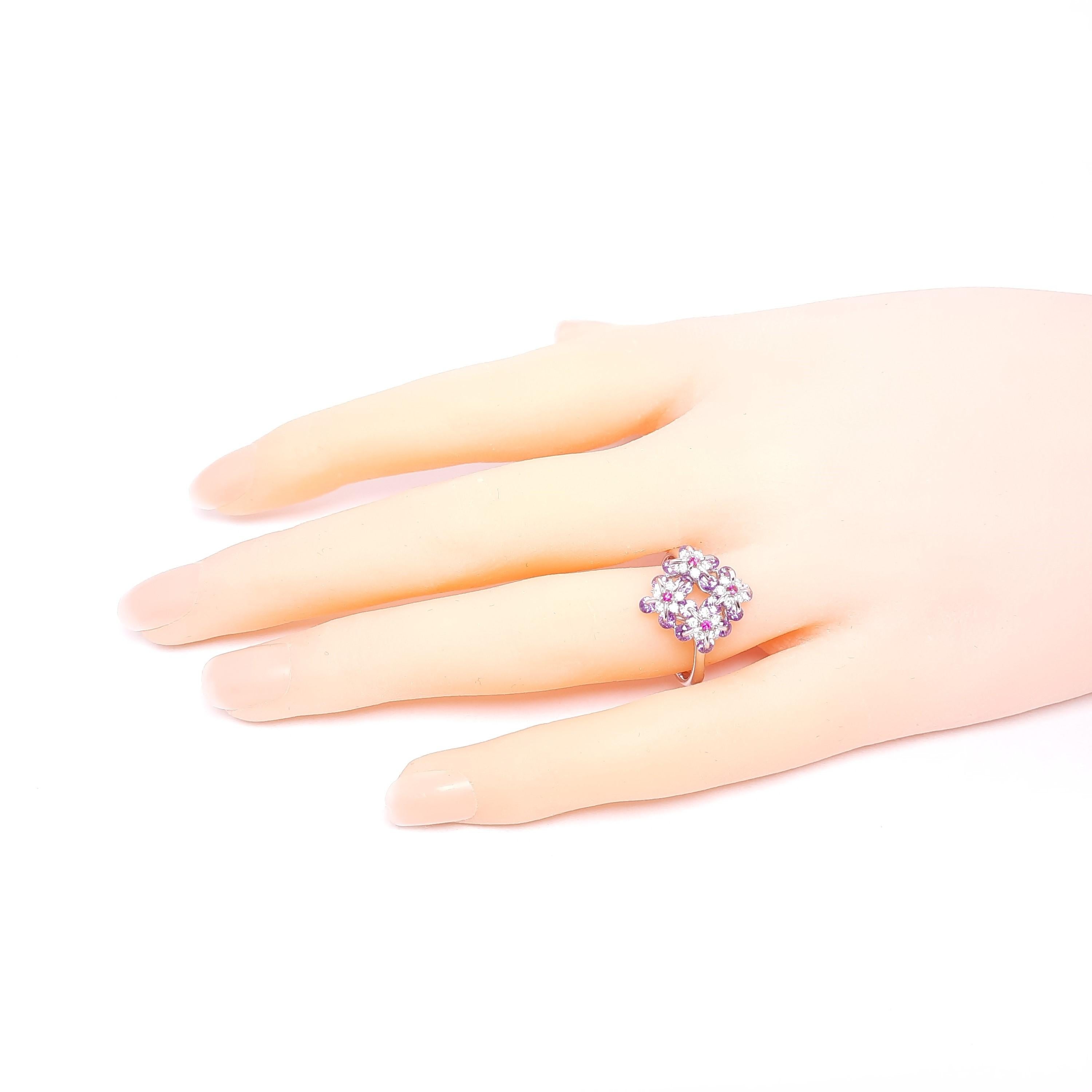 Women's Moiseikin 18 Karat White Gold Diamond Fancy Sapphire Floral Ring
