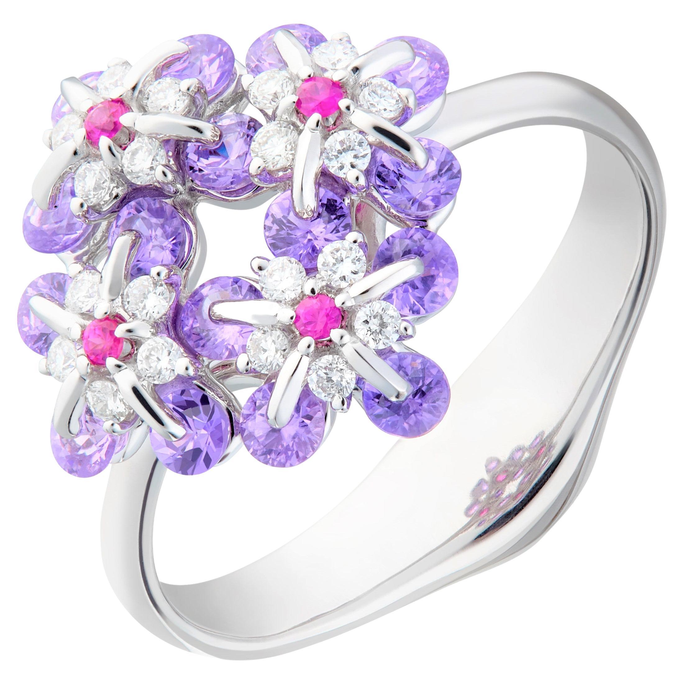 Moiseikin 18 Karat White Gold Diamond Fancy Sapphire Floral Ring