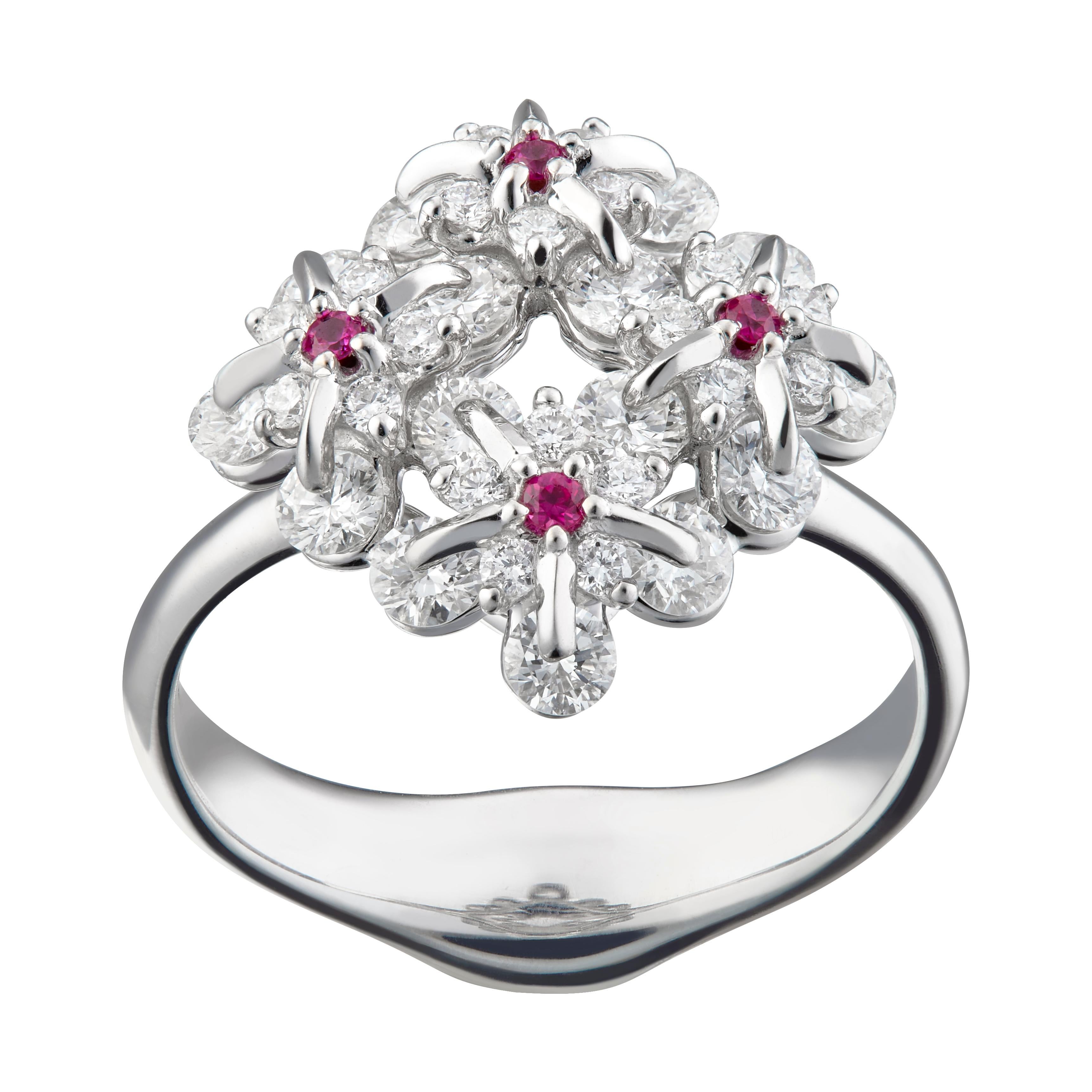 Symbol of remembrance and eternal love, Forget Me Not flower has become an everlasting flower made in 18karat white gold, 1.102ct diamonds and rubies. Mounted in Waltzing Brilliance technology, this lively ring will be a precious memory  of 