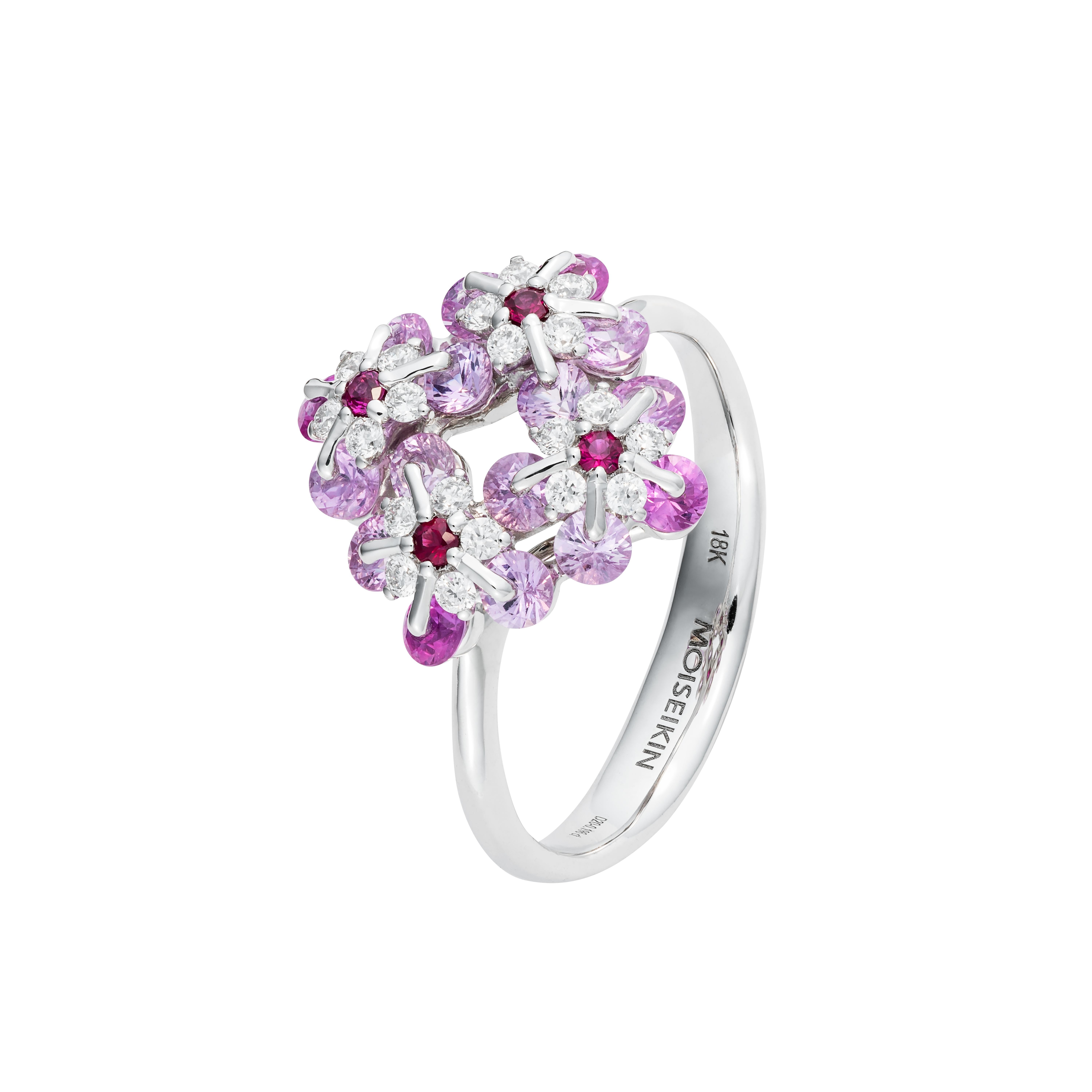 Symbol of remembrance and eternal love, Forget-Me-Not flower has become an everlasting flower. Made in 18karat white gold, diamonds and 1.192ct vivid pink sapphires are uniquely set using the Waltzing Brilliance technology. This lively ring will be