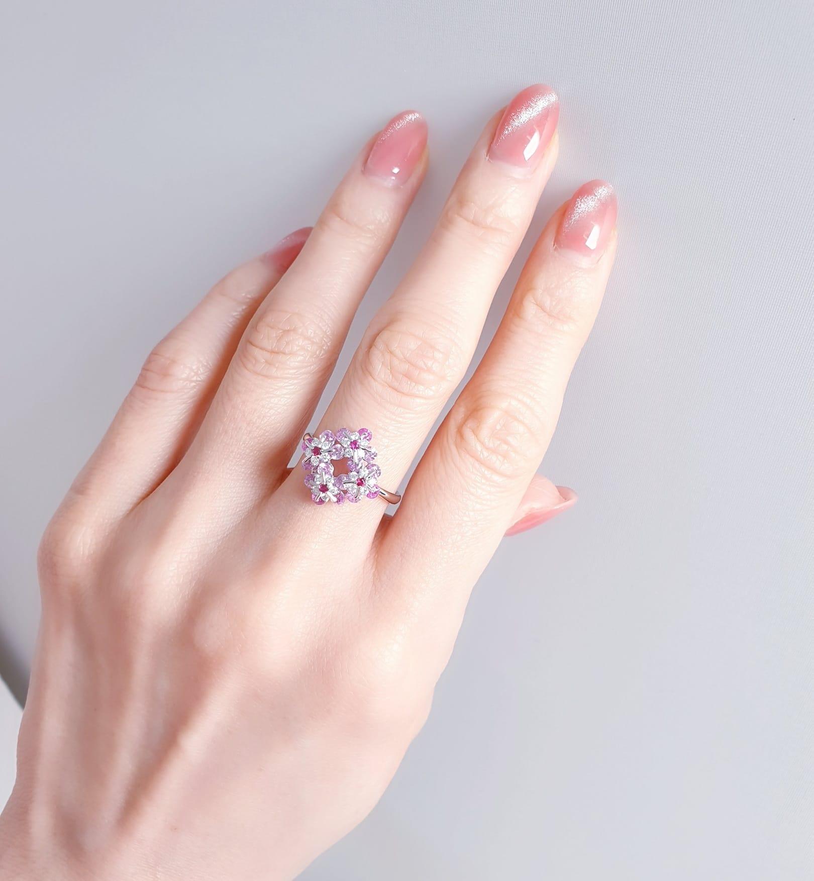 Round Cut MOISEIKIN 18 Karat White Gold Diamond Pink Sapphire Floral Ring For Sale