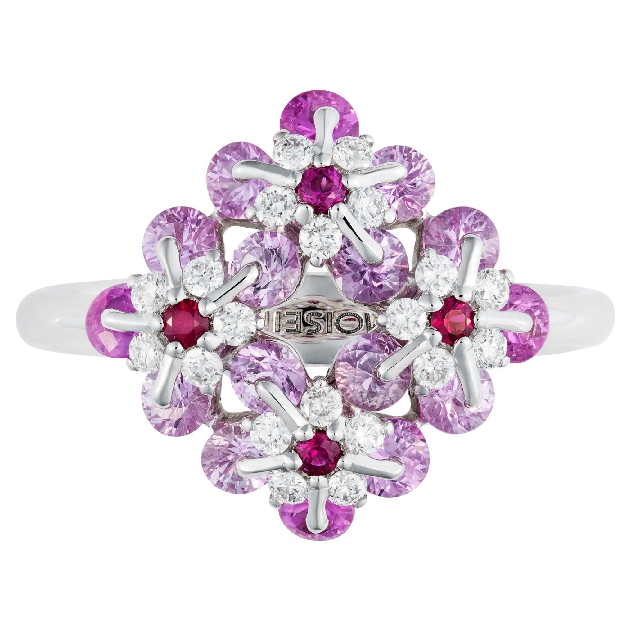 MOISEIKIN 18 Karat White Gold Diamond Pink Sapphire Floral Ring