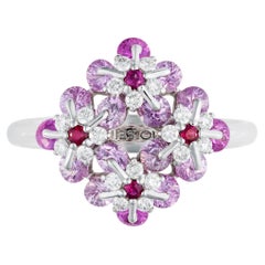 MOISEIKIN 18 Karat White Gold Diamond Pink Sapphire Floral Ring