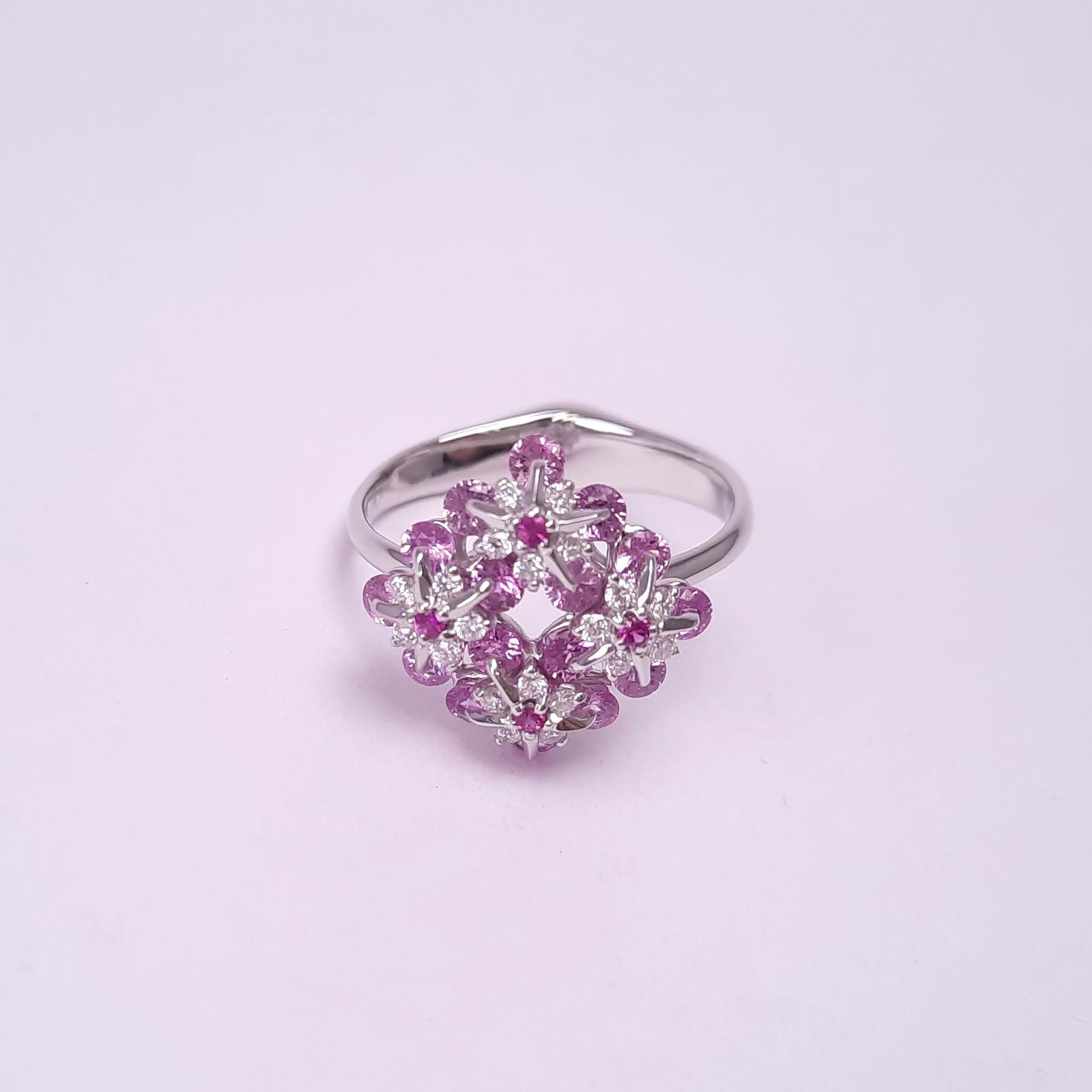 Symbol of remembrance and eternal love, Forget Me Not flower has become an everlasting flower made in 18karat white gold, diamonds and Rose pink sapphires. Mounted in Waltzing Brilliance technology, this lively ring will be a precious remembrance of