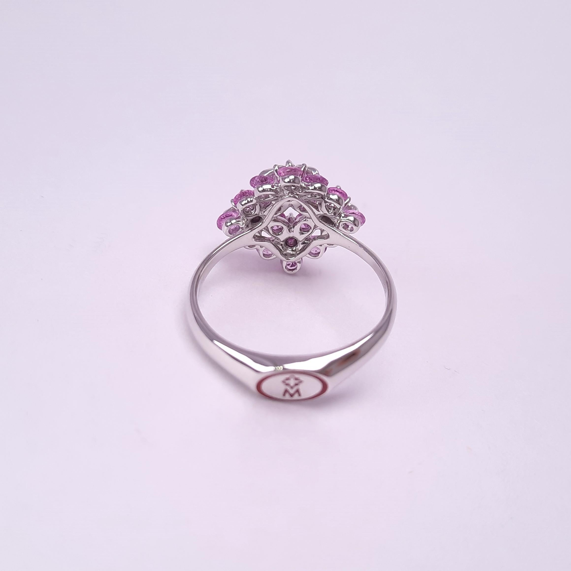 Modern Moiseikin 18 Karat White Gold Diamond Rose Pink Sapphire Floral Ring For Sale