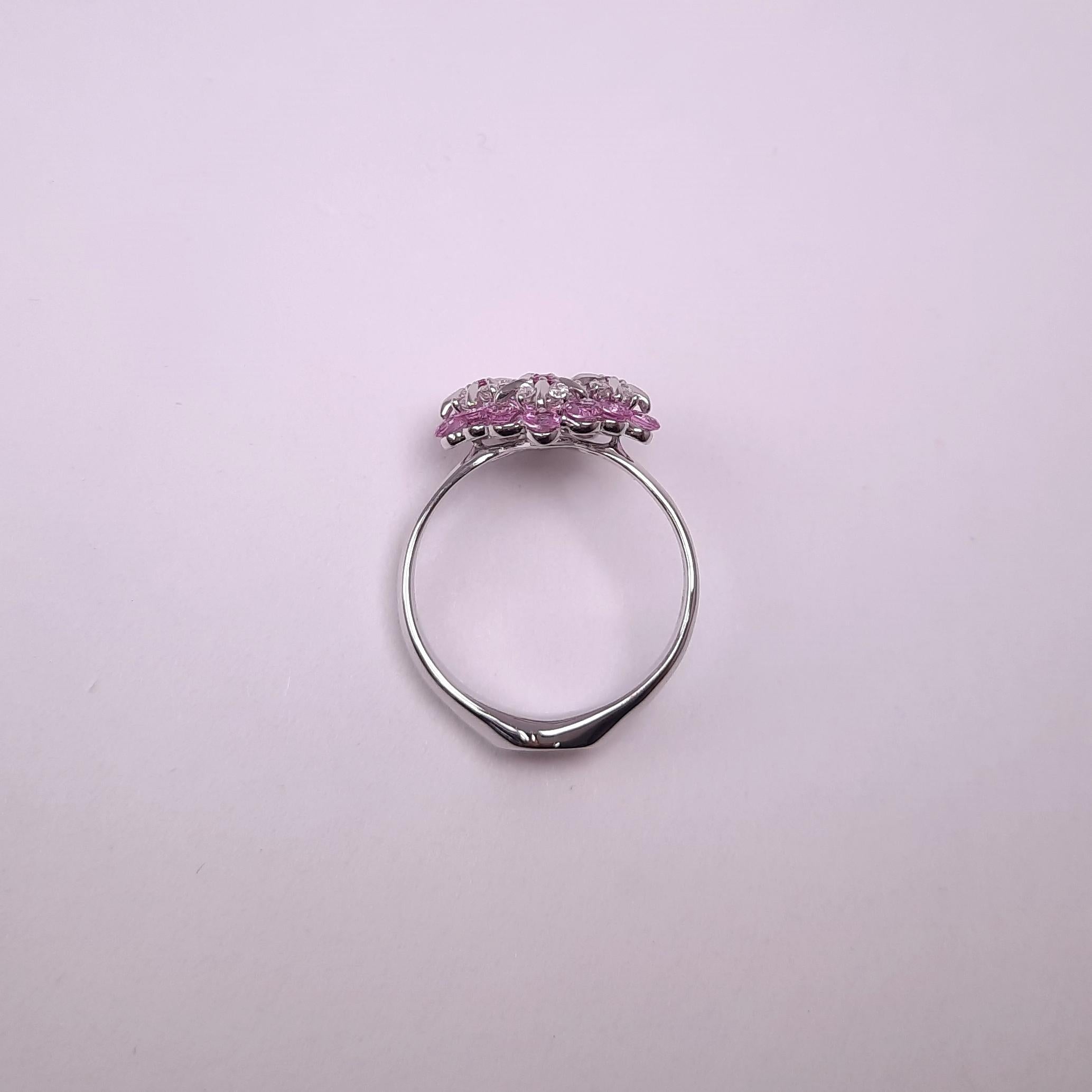 Round Cut Moiseikin 18 Karat White Gold Diamond Rose Pink Sapphire Floral Ring For Sale