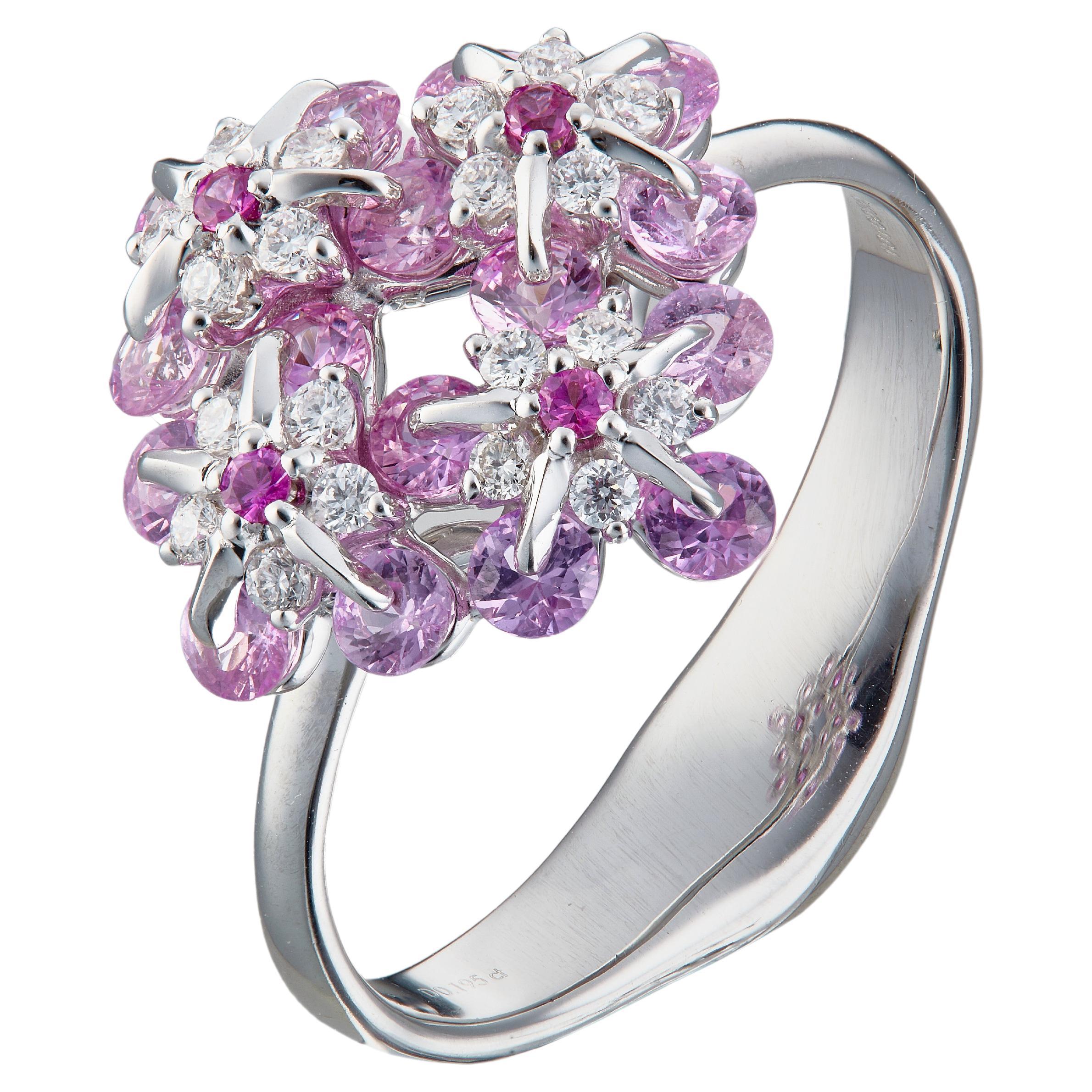 Moiseikin 18 Karat White Gold Diamond Rose Pink Sapphire Floral Ring For Sale