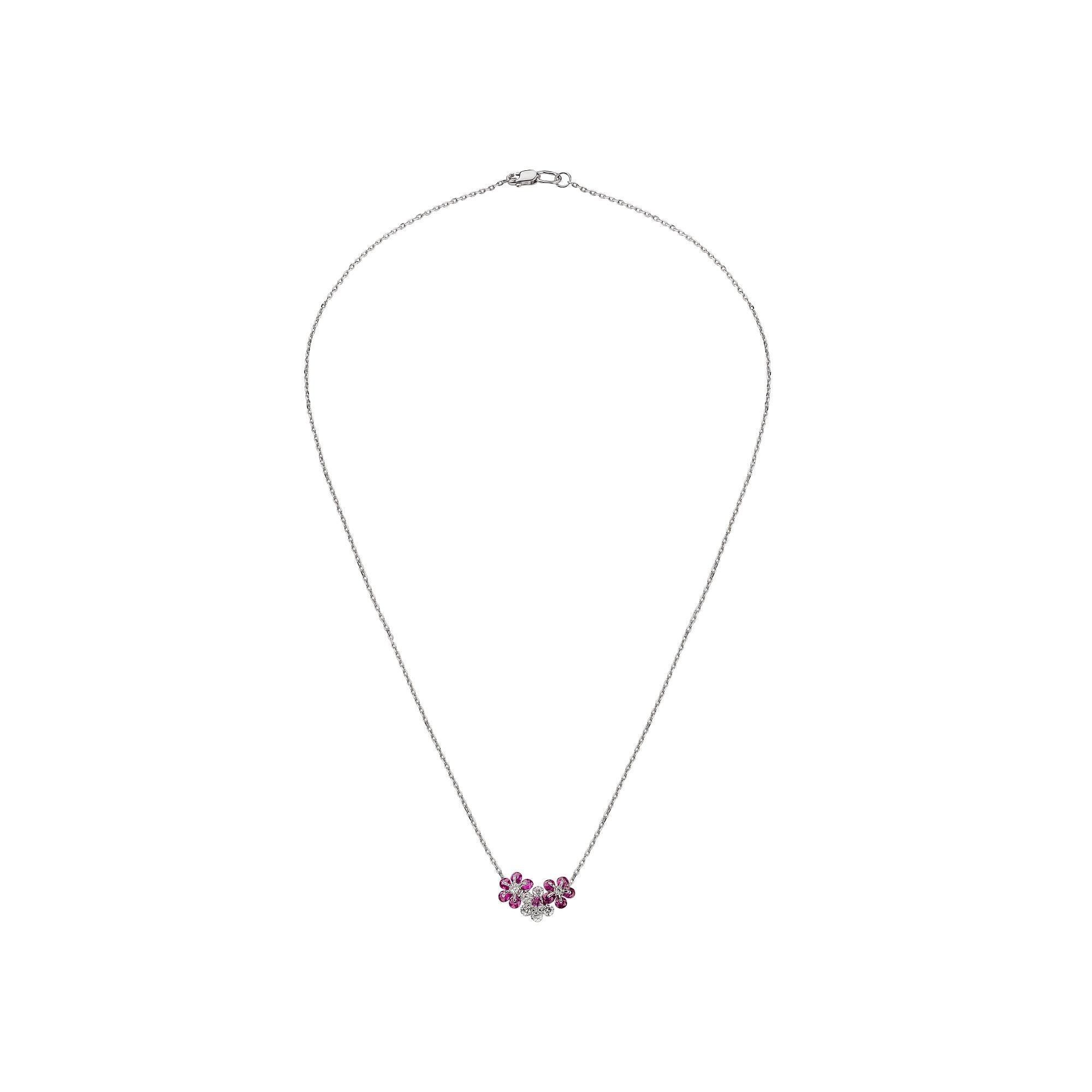 Diamond and precise-cut rubies are mounted carefully in delicate flower design, employed innovative technology.  

Internationally patented, Waltzing Brilliance technology is an innovative jewellery invention patented by a leading Russian designer,