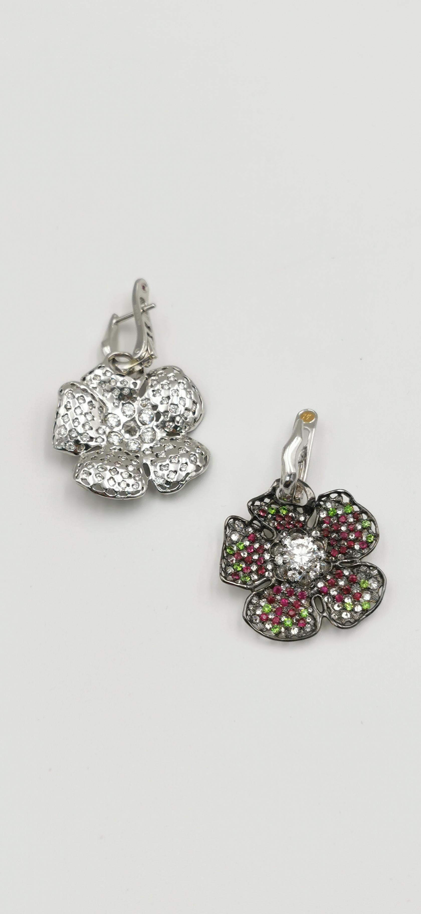 Contemporary Moiseikin 18 Karat White Gold Diamond Ruby Poppy Flower Dangle Drop Earrings For Sale