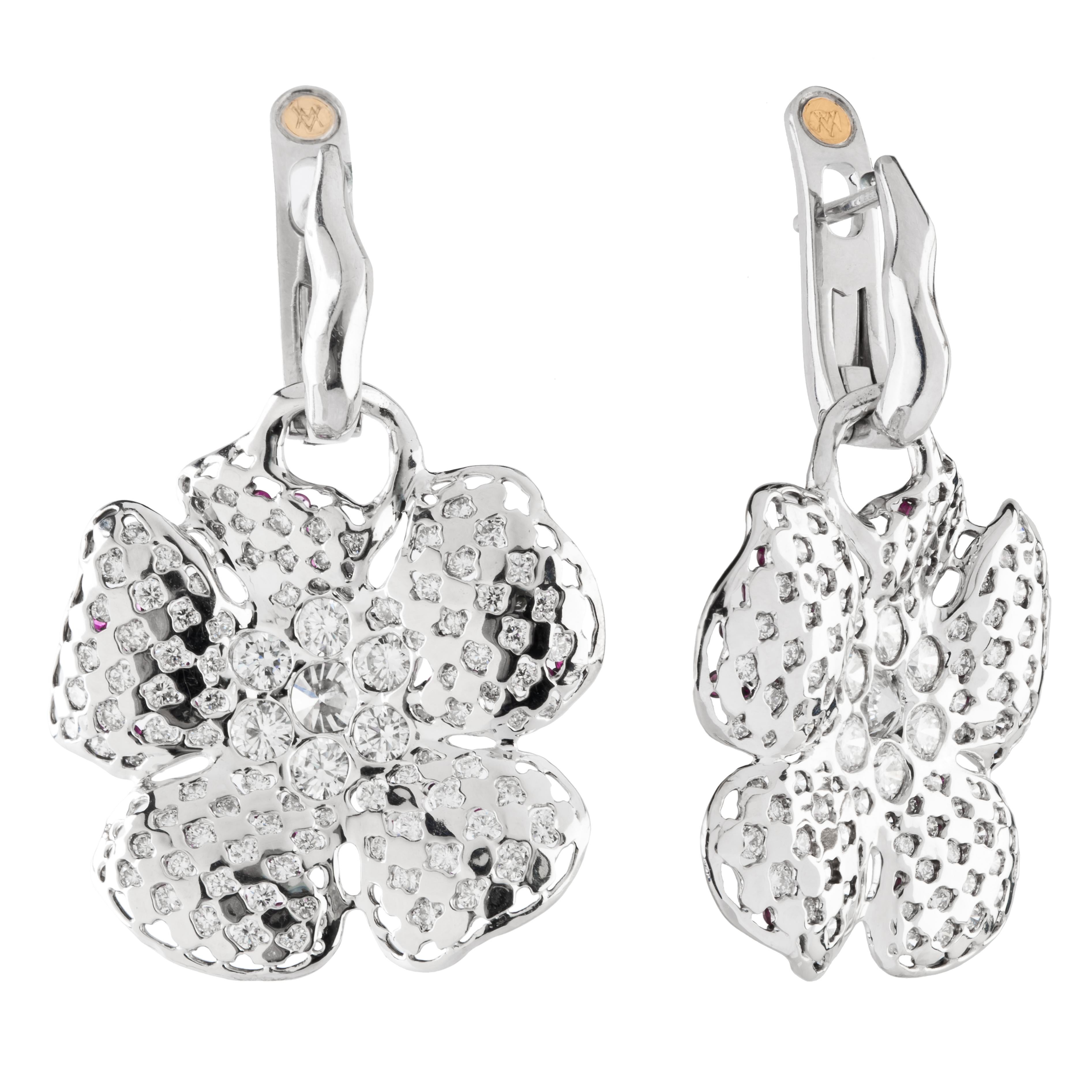 Round Cut Moiseikin 18 Karat White Gold Diamond Ruby Poppy Flower Dangle Drop Earrings For Sale