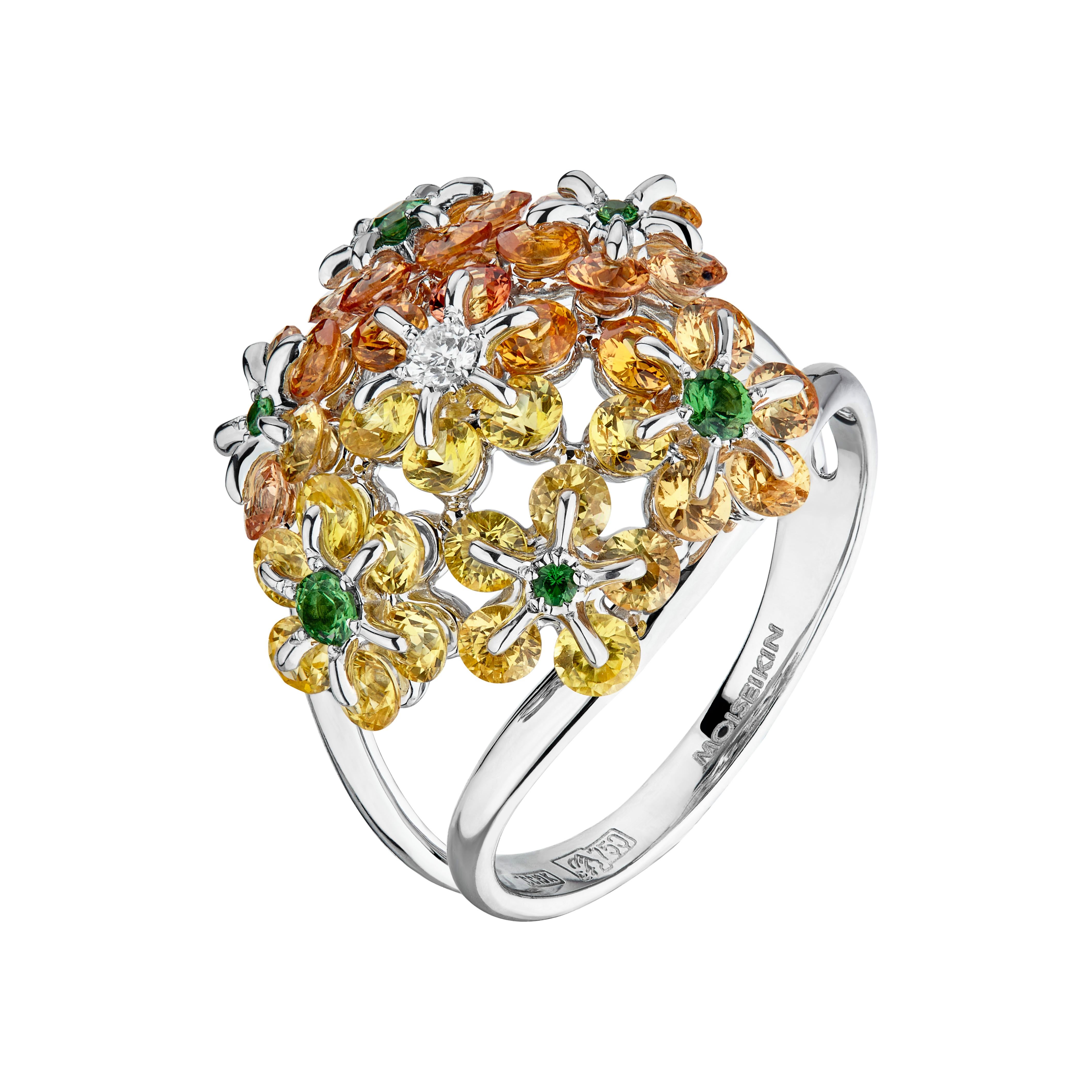 Diamond-cut Yellow and golden sapphires are mounted carefully in delicate flower design, employing innovative technology. Inspired by a graceful ballerina, every gem sparkles and dances  on your finger without anything to be hidden. Suitable for the