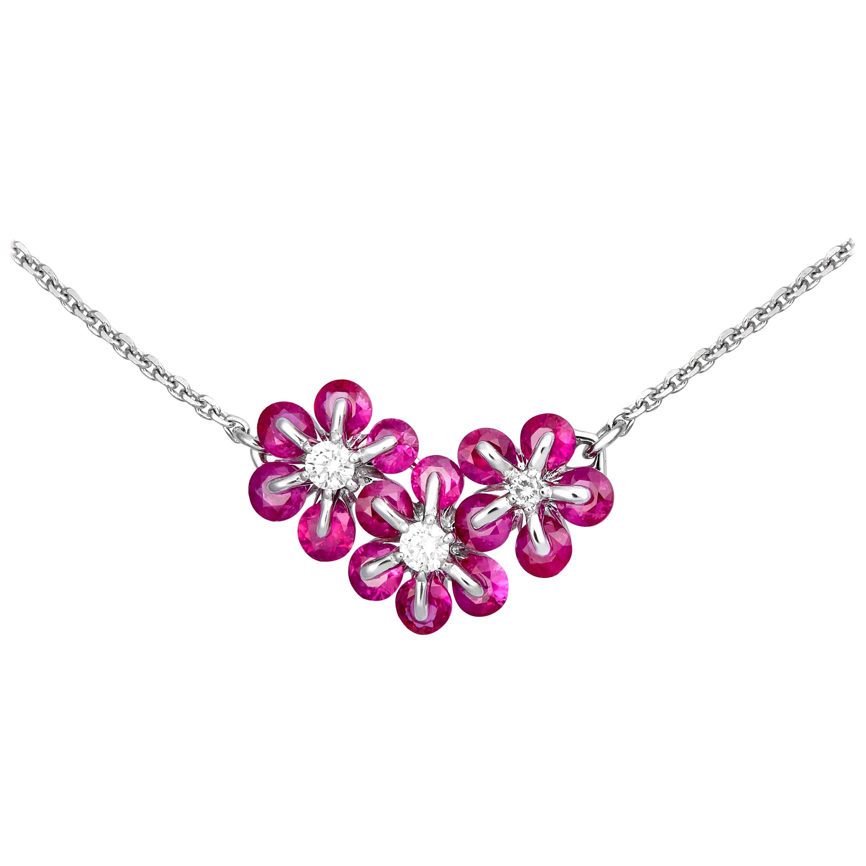 Moiseikin 18 Karat White Gold Innovative Ruby Diamond Necklace For Sale