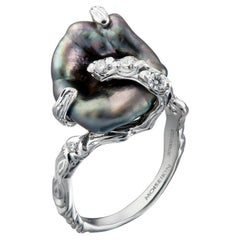 Moiseikin 18 Karat White Gold Keshi Pearl Diamond Handmade Ring