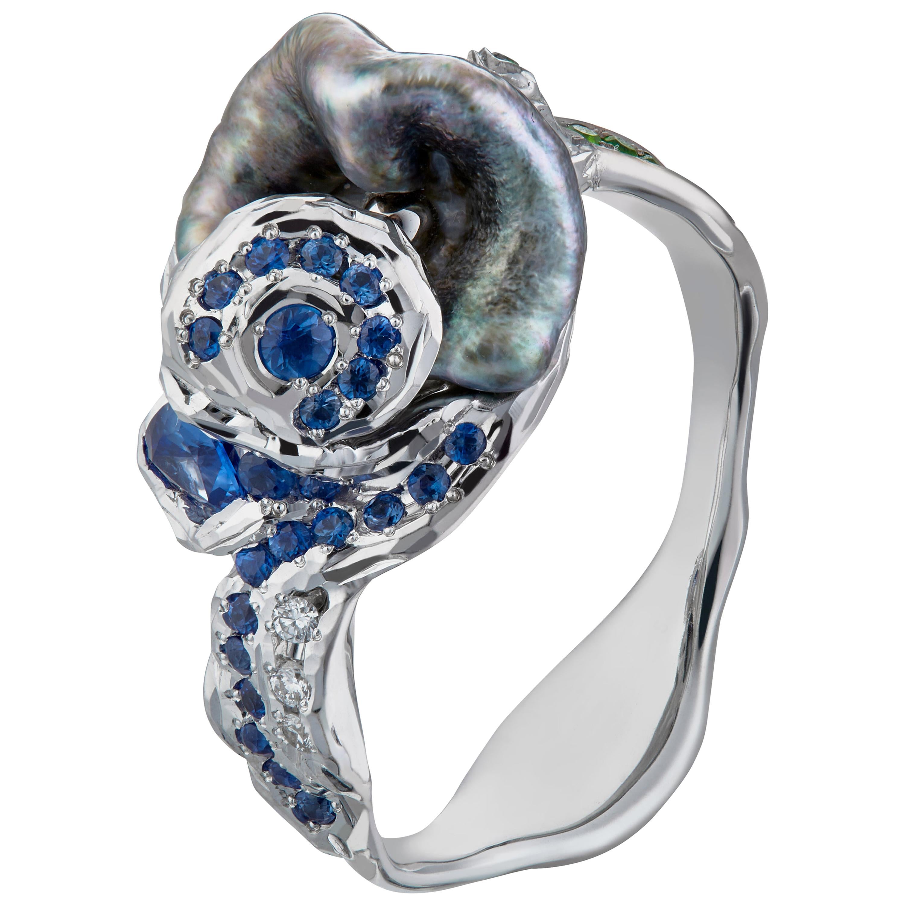 Moiseikin 18 Karat White Gold Keshi Pearl Sapphire Handmade Ring For Sale