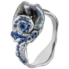 Moiseikin 18 Karat White Gold Keshi Pearl Sapphire Handmade Ring