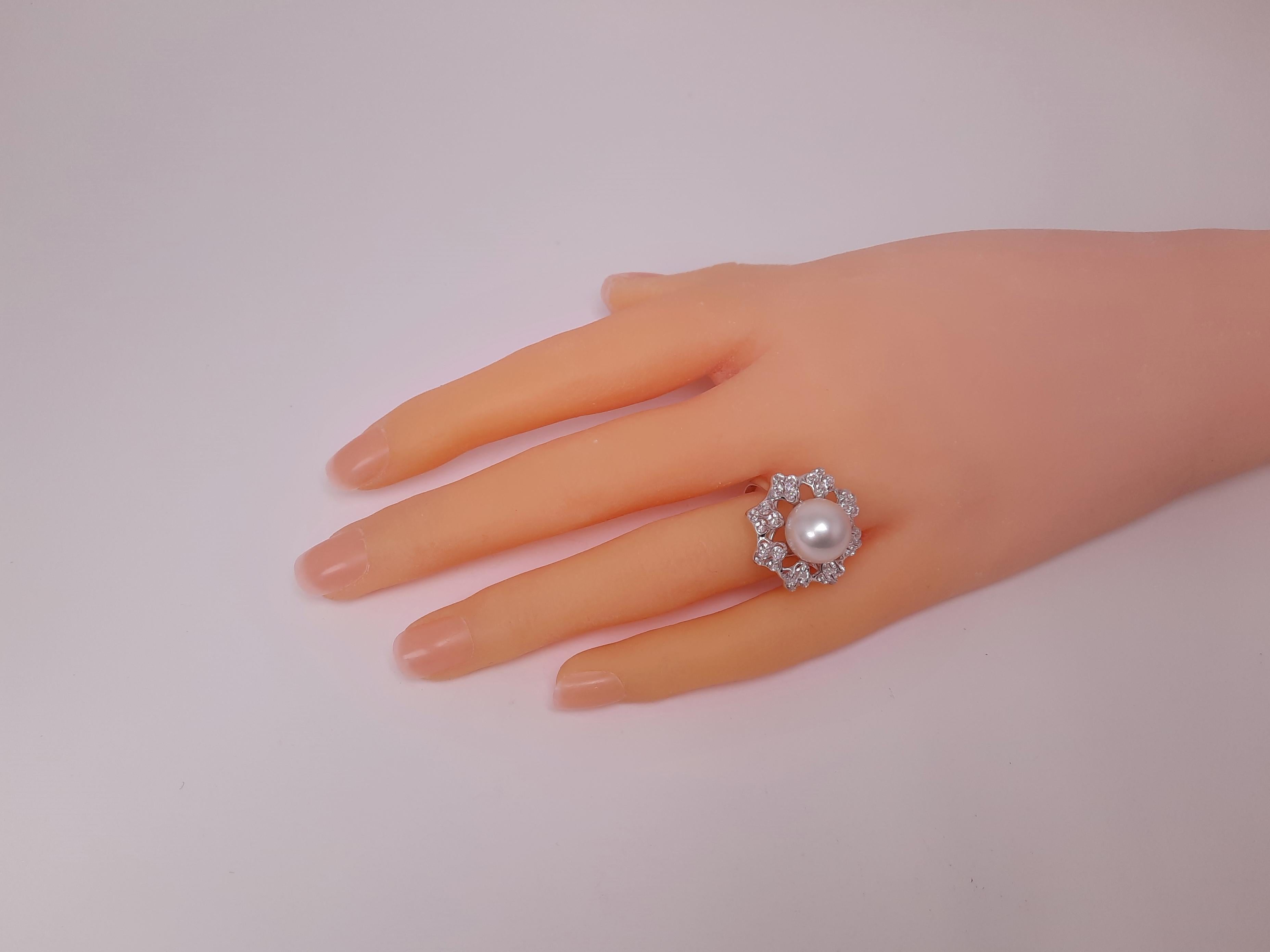 Women's Moiseikin 18 Karat White Gold Round South Sea Pearl and Diamond Ring For Sale