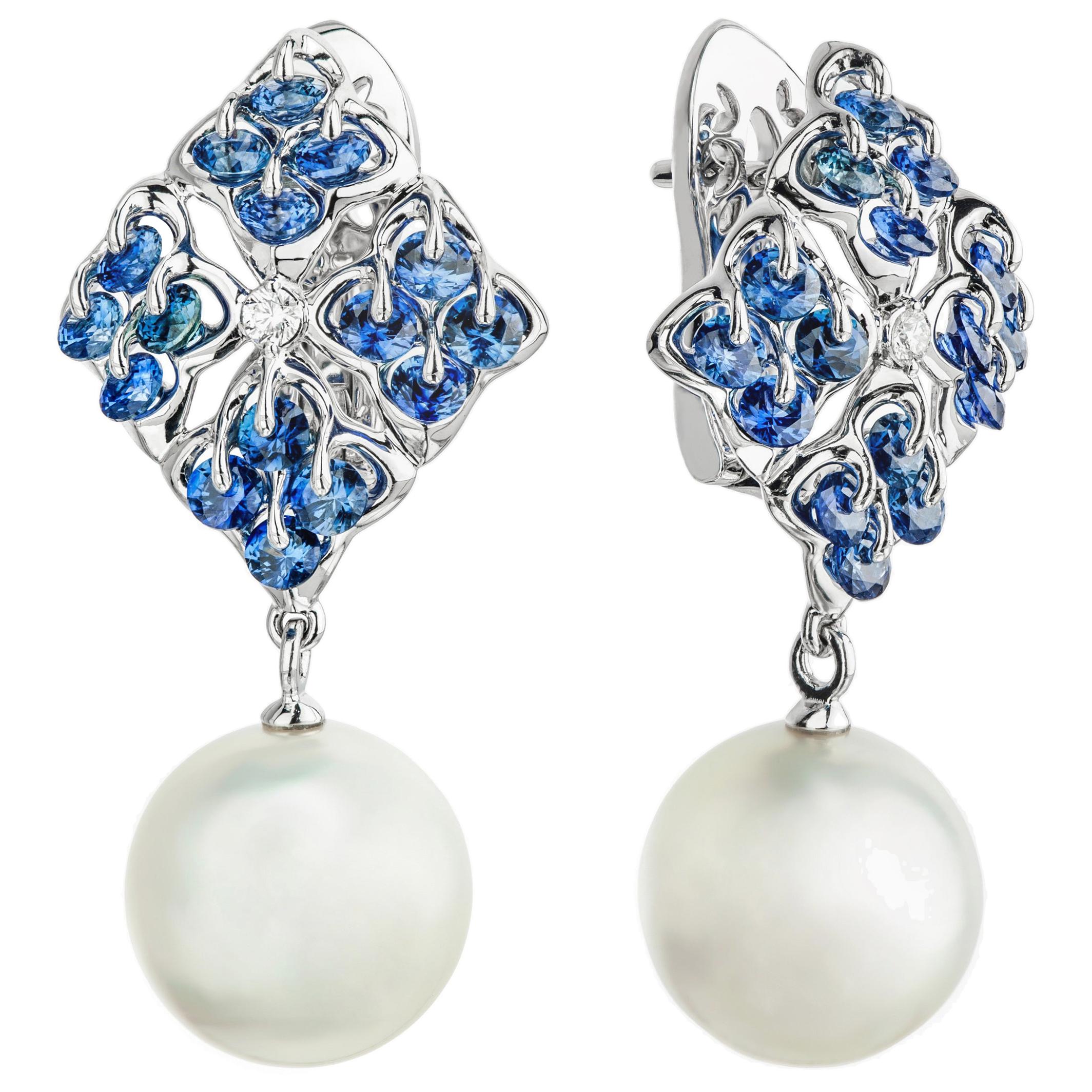 Moiseikin 18 Karat White Gold Round South Sea Pearl and Sapphire Earrings For Sale