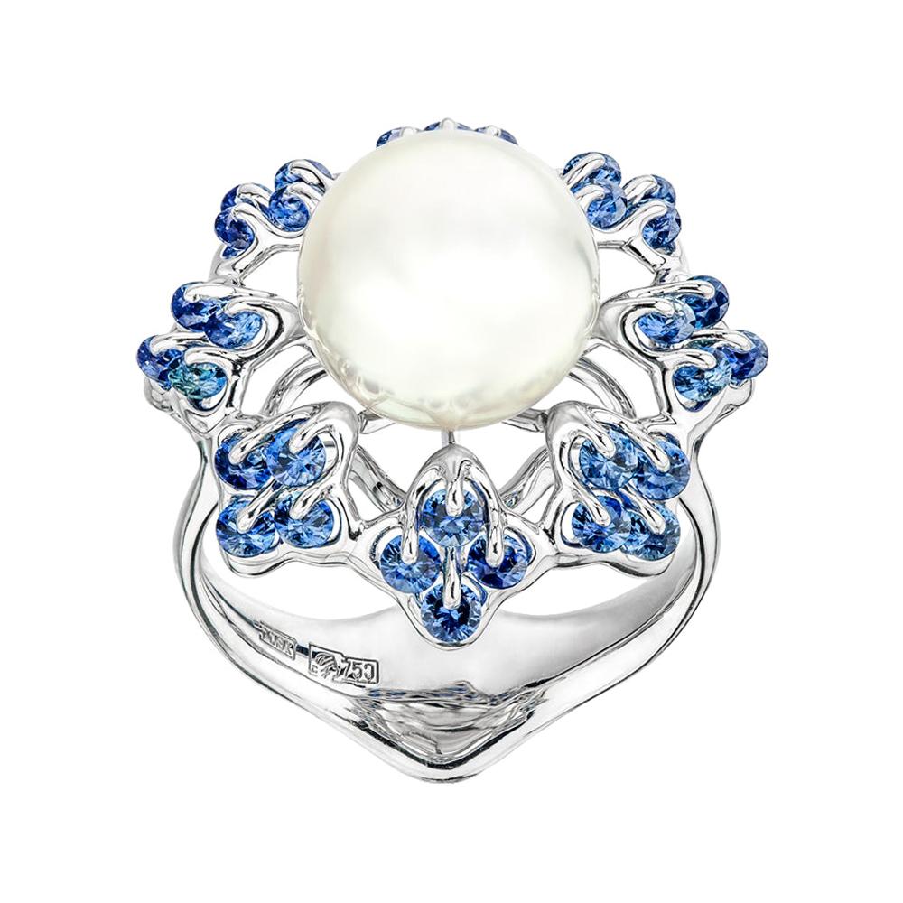 Moiseikin 18 Karat White Gold Round South Sea Pearl and Sapphire Ring For Sale