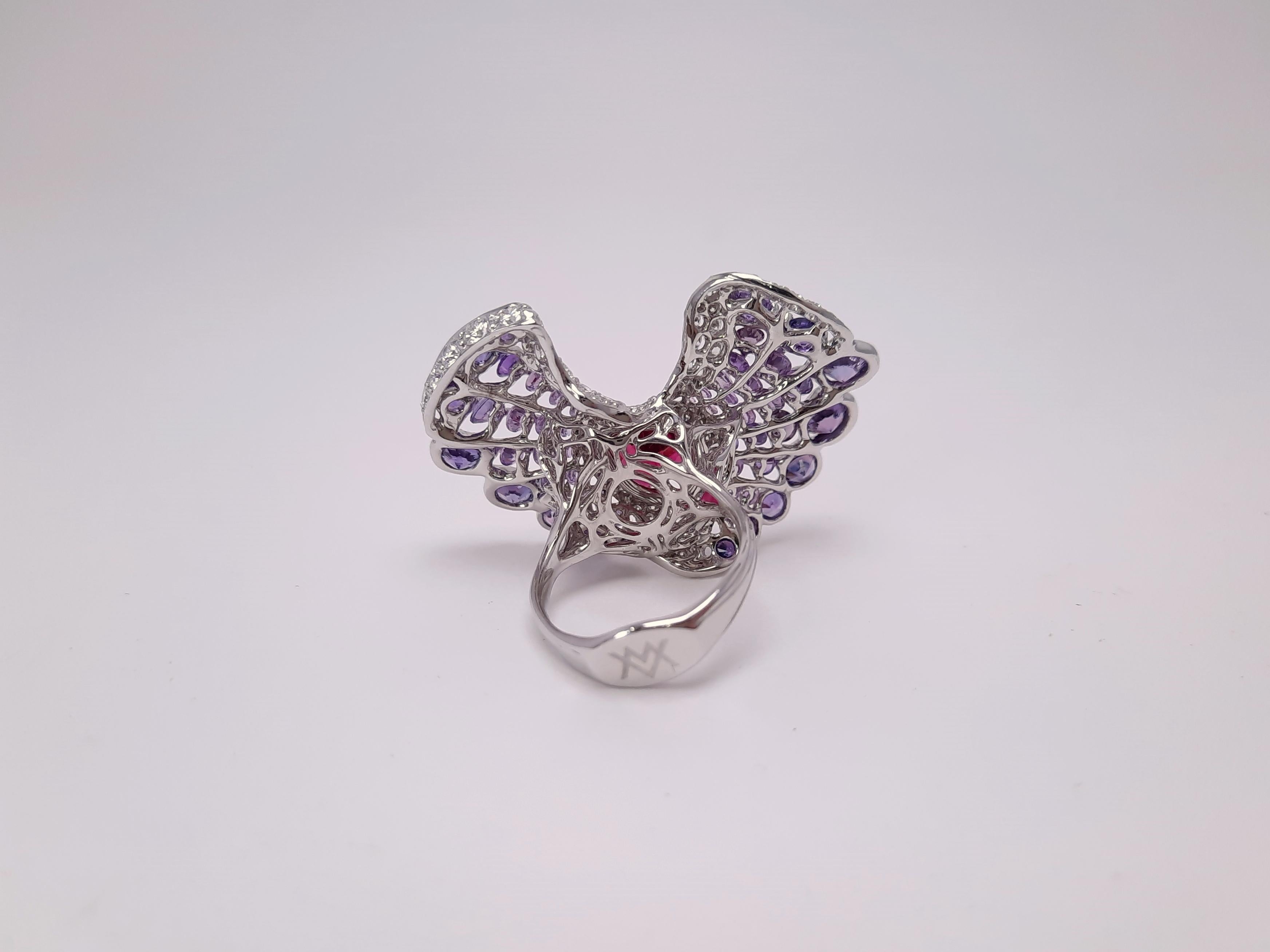 Round Cut Moiseikin 18 Karat White Gold Rubellite Sapphire Butterfly Ring For Sale