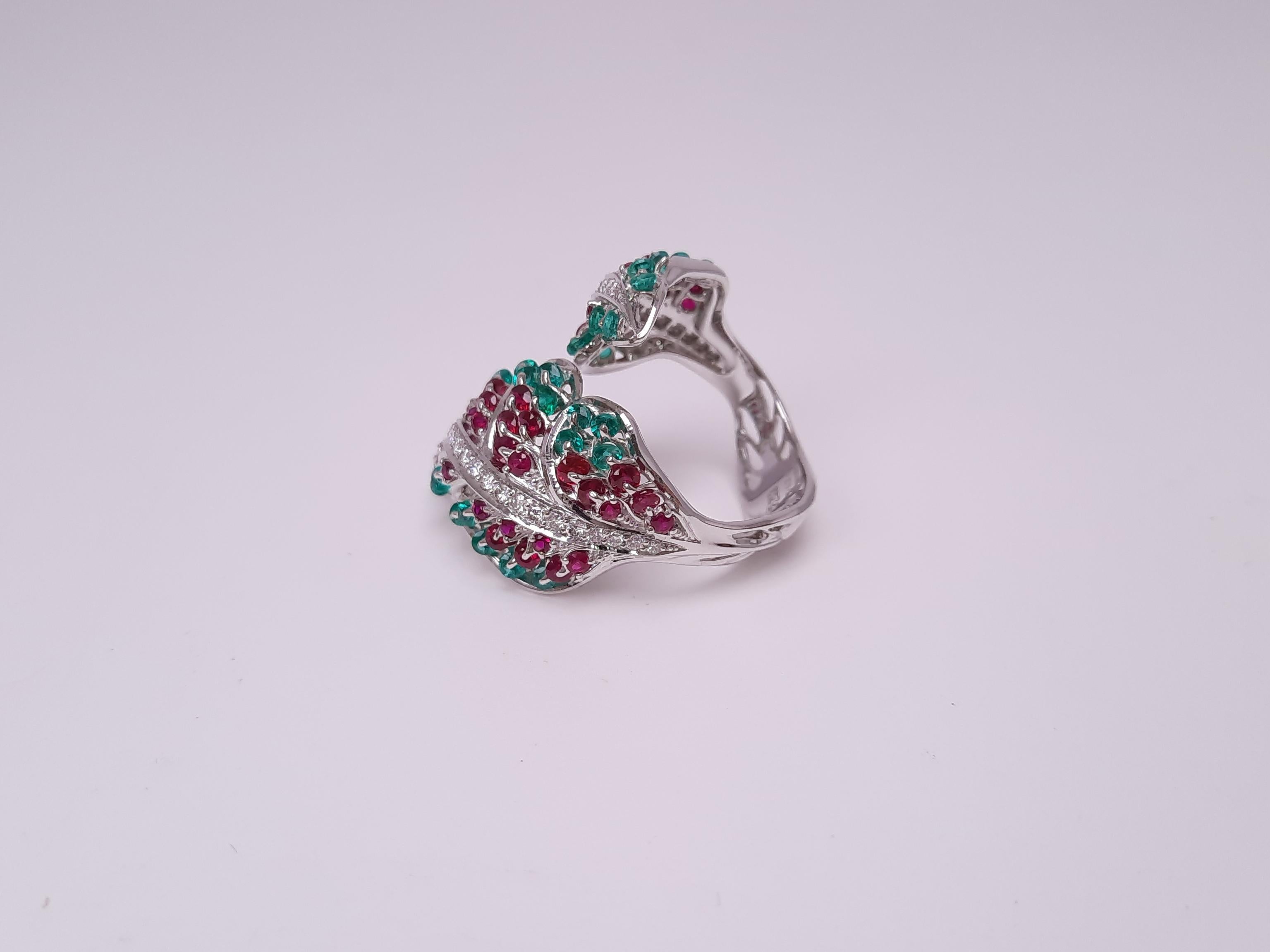 Contemporary Moiseikin 18 Karat White Gold Ruby and Emerald Ring in Angel Wing For Sale