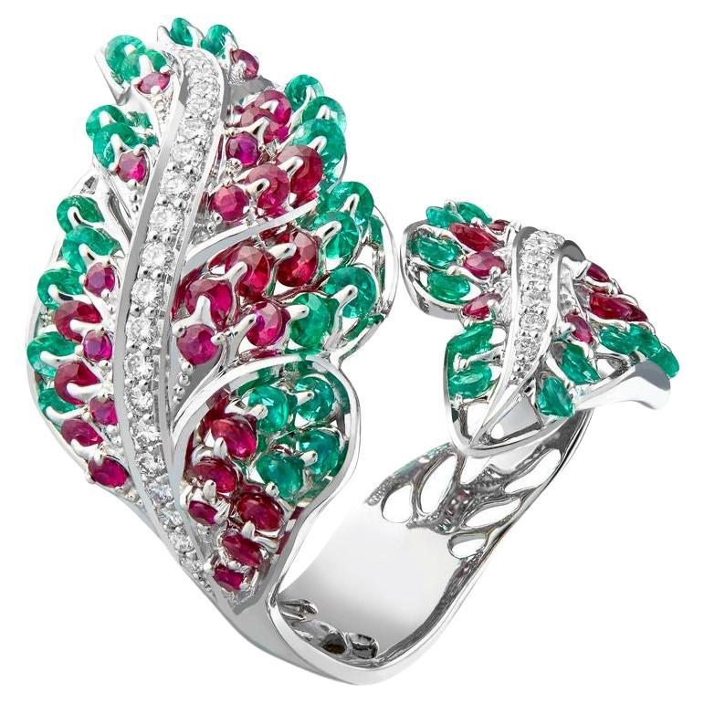 Moiseikin 18 Karat White Gold Ruby and Emerald Ring in Angel Wing For Sale