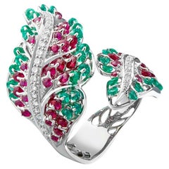 Moiseikin 18 Karat White Gold Ruby and Emerald Ring in Angel Wing