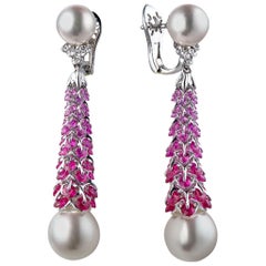 Moiseikin 18 Karat White Gold Ruby Sapphire Pearl Cocktail Earrings