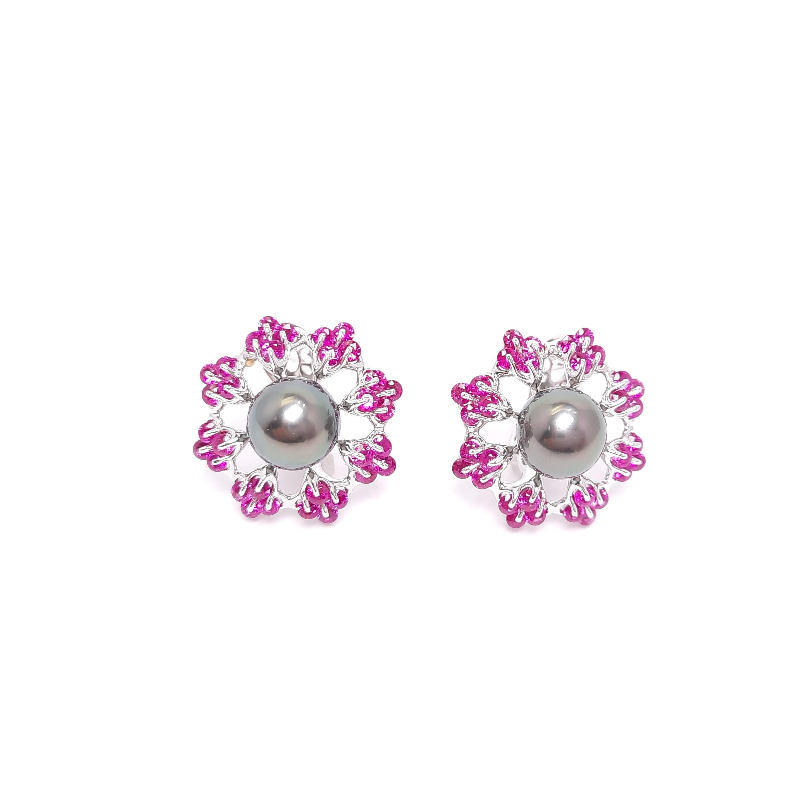 Inspired by famous Russian Ballet, this Prima Star Ruby and Tahiti Pearl Earrings created by MOISEIKIN® charm your day with the outstanding brilliant glow. The design is created  with the patented stone setting technology  