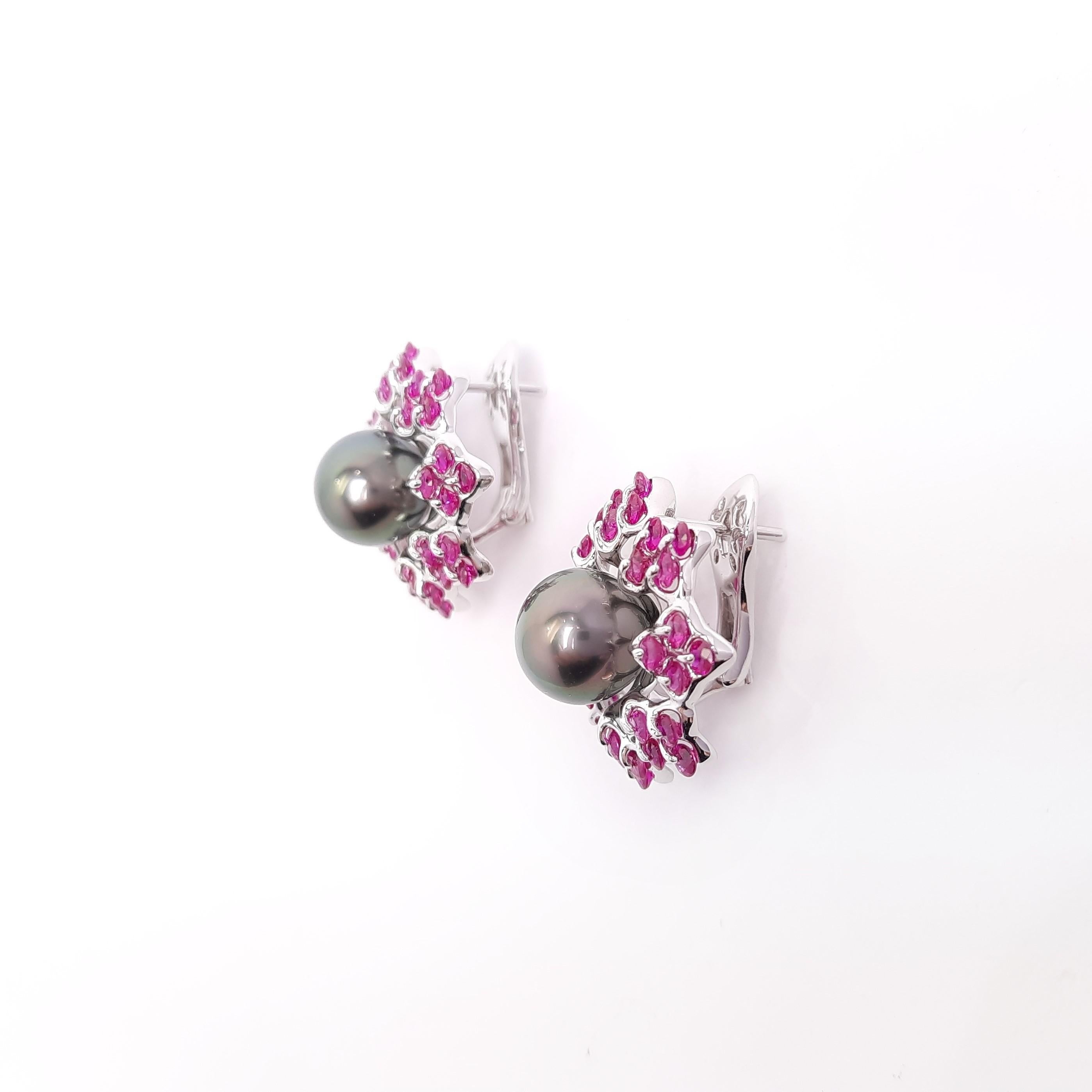 Contemporary Moiseikin 18 Karat White Gold Ruby Tahiti Pearl Earrings For Sale