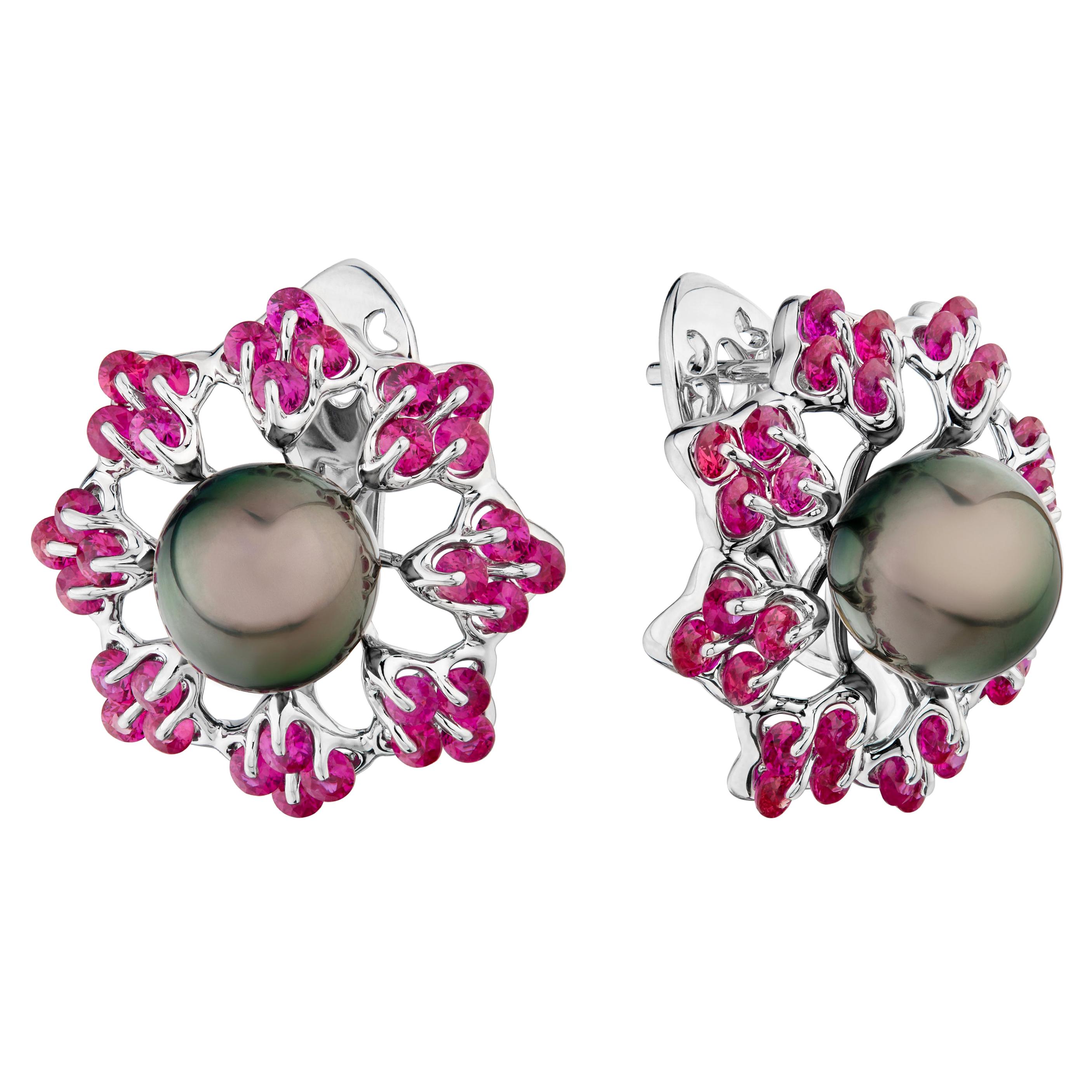 Moiseikin 18 Karat White Gold Ruby Tahiti Pearl Earrings For Sale
