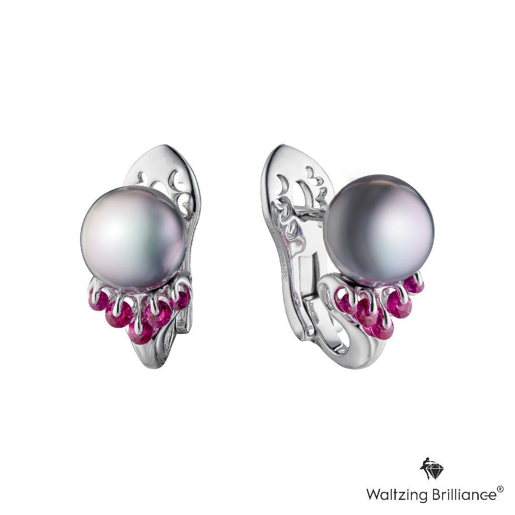Pearl jewellery has been suitable for any dress and any occasion for a long time.
8.5-9.0 Tahiti Pearls with a mild grey hue are decorated with diamond cut radiant rubies mounted in the patented technology. 
Waltzing Brilliance technology is an