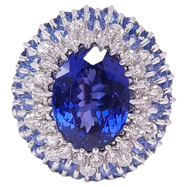 Moiseikin 18 Karat White Gold Tanzanite Sapphire Diamond Cocktail Ring For Sale