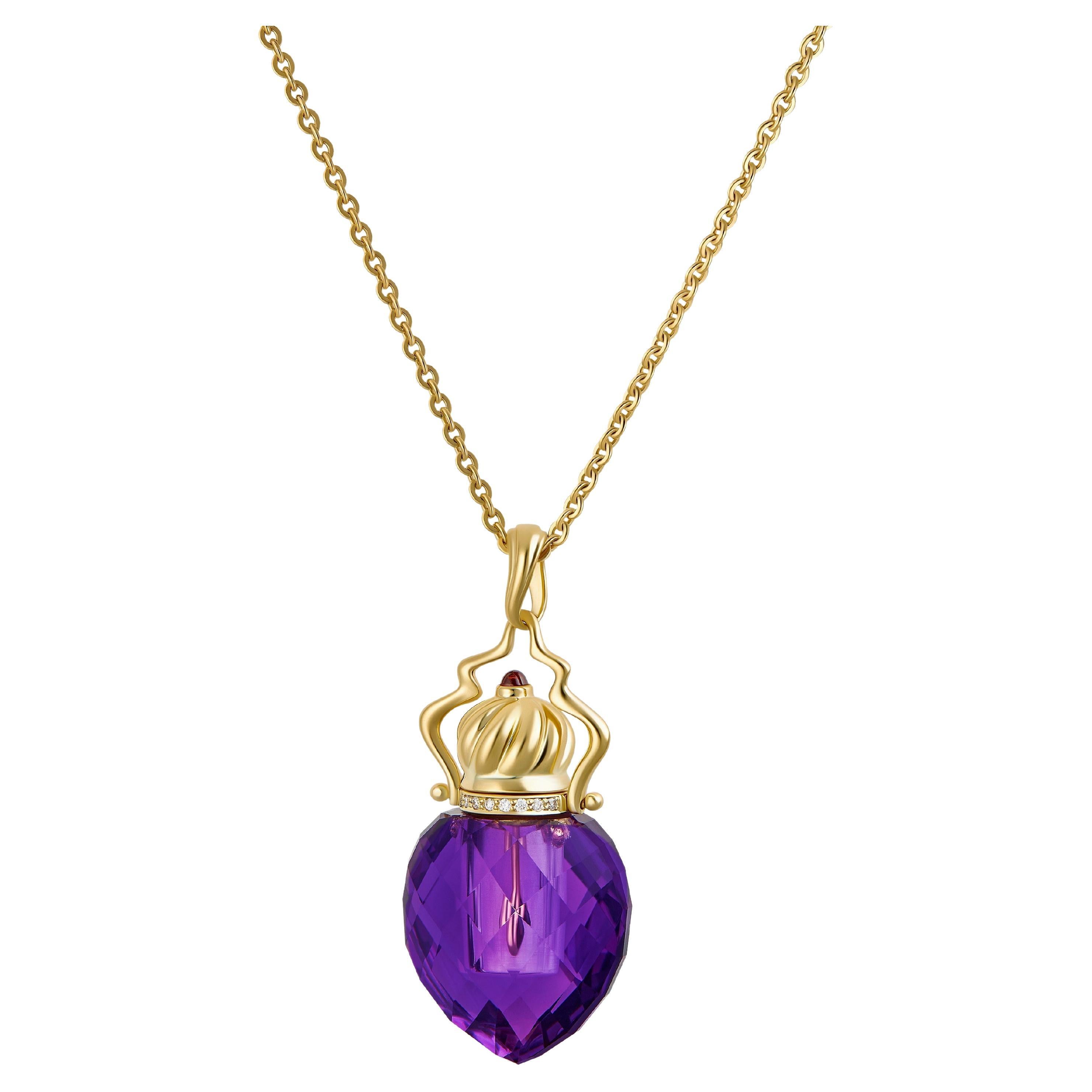 Moiseikin 18k Gold Amethyst Diamond Aroma Bottle Pendant Necklace For Sale