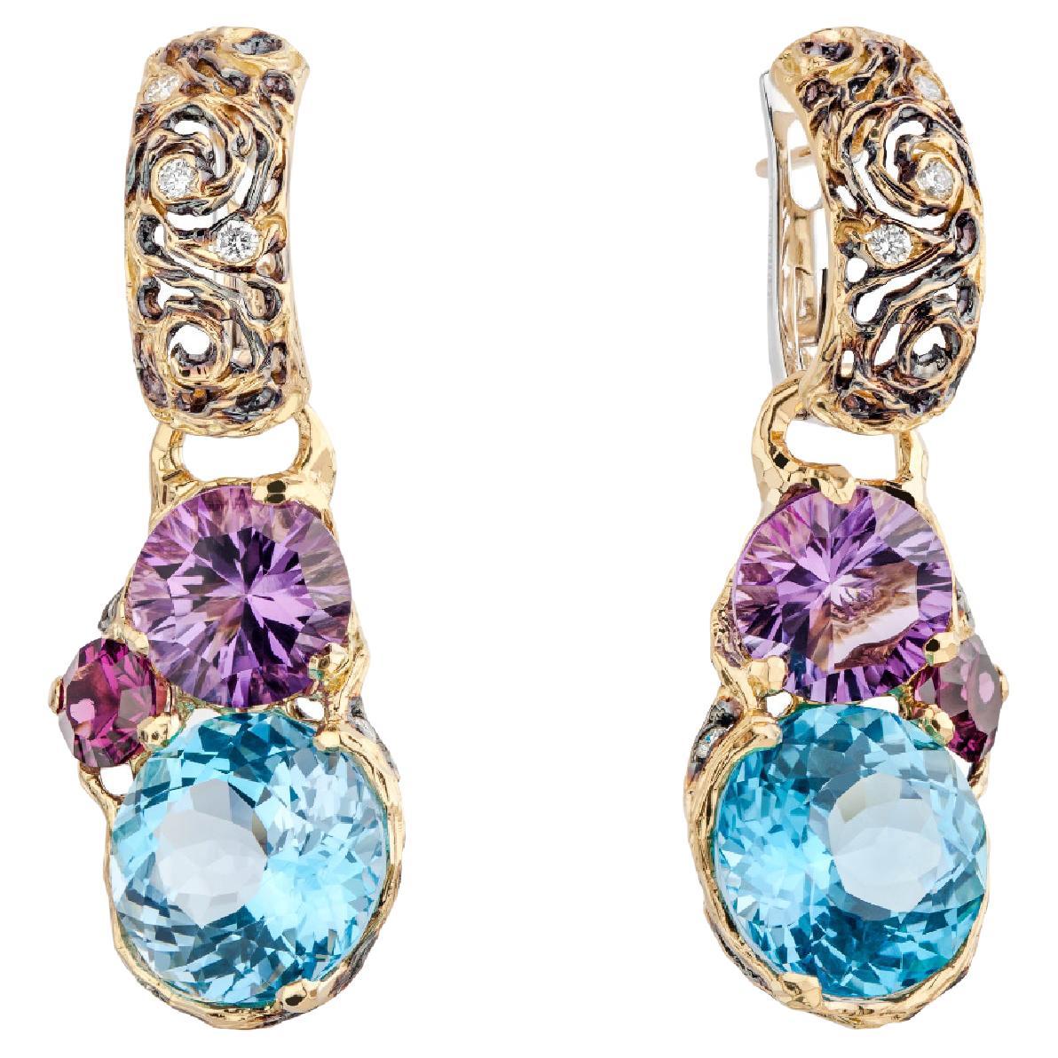 and Amethyst Cluster Dangle Earrings  Gemstone Dangle Earrings  Gold Jewelry  Handmade Apatite Mystic Pink Topaz Elegant Peridot