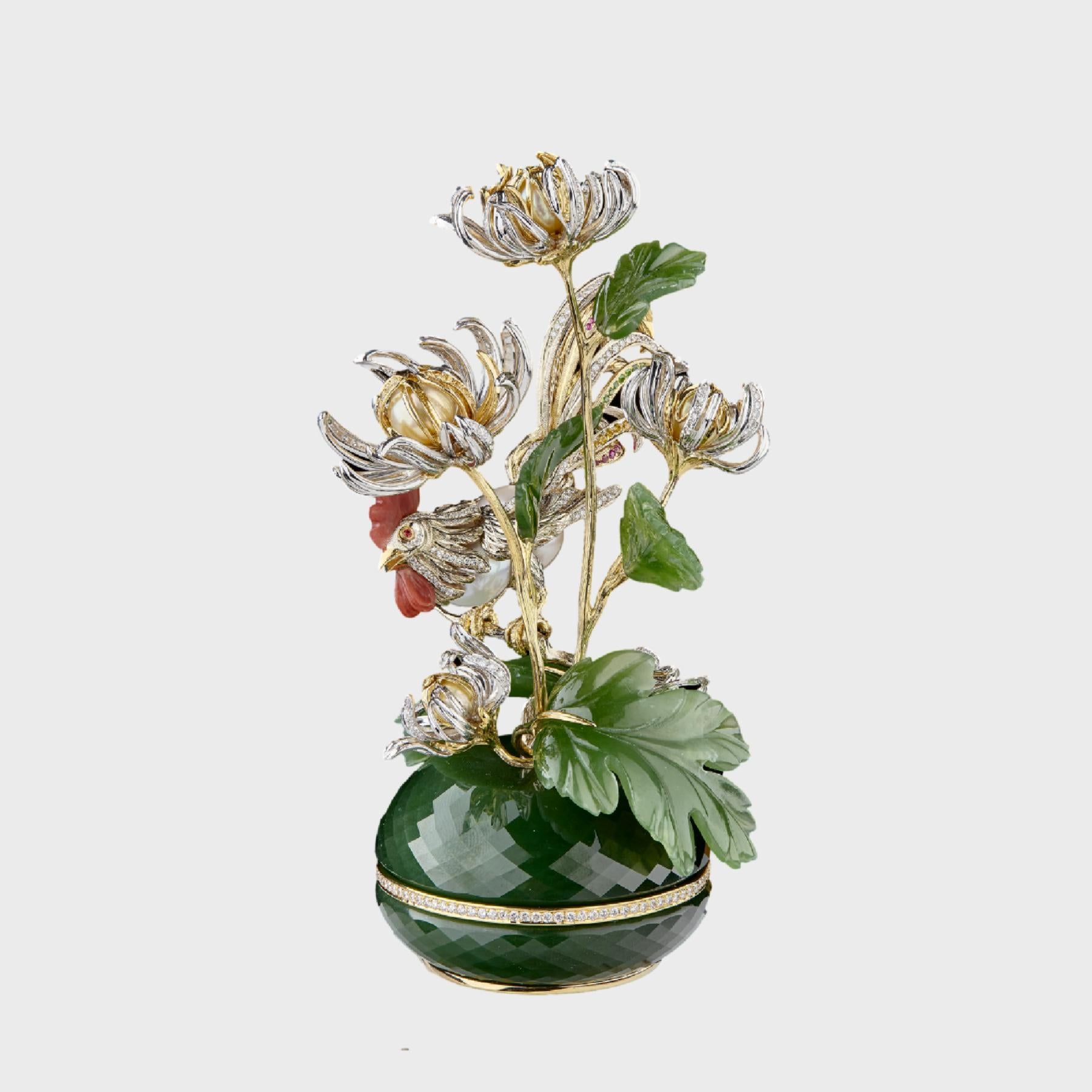  Eine exquisite florale Miniatur mit Chrysanthemen und einem goldenen Hahn wurde in Anlehnung an das ostasiatische Gemälde 