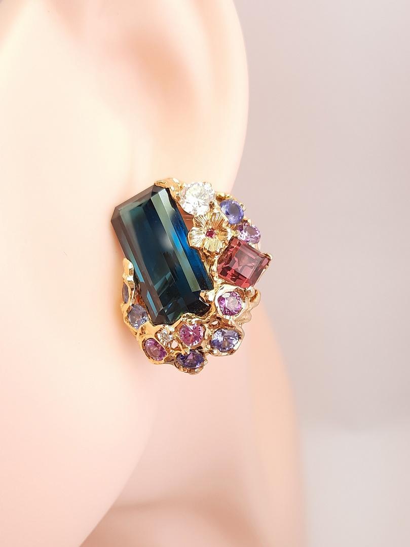 Emerald Cut Moiseikin 18 Karat Gold Diamond Indigo Tourmaline Sapphire Cocktail Earrings For Sale