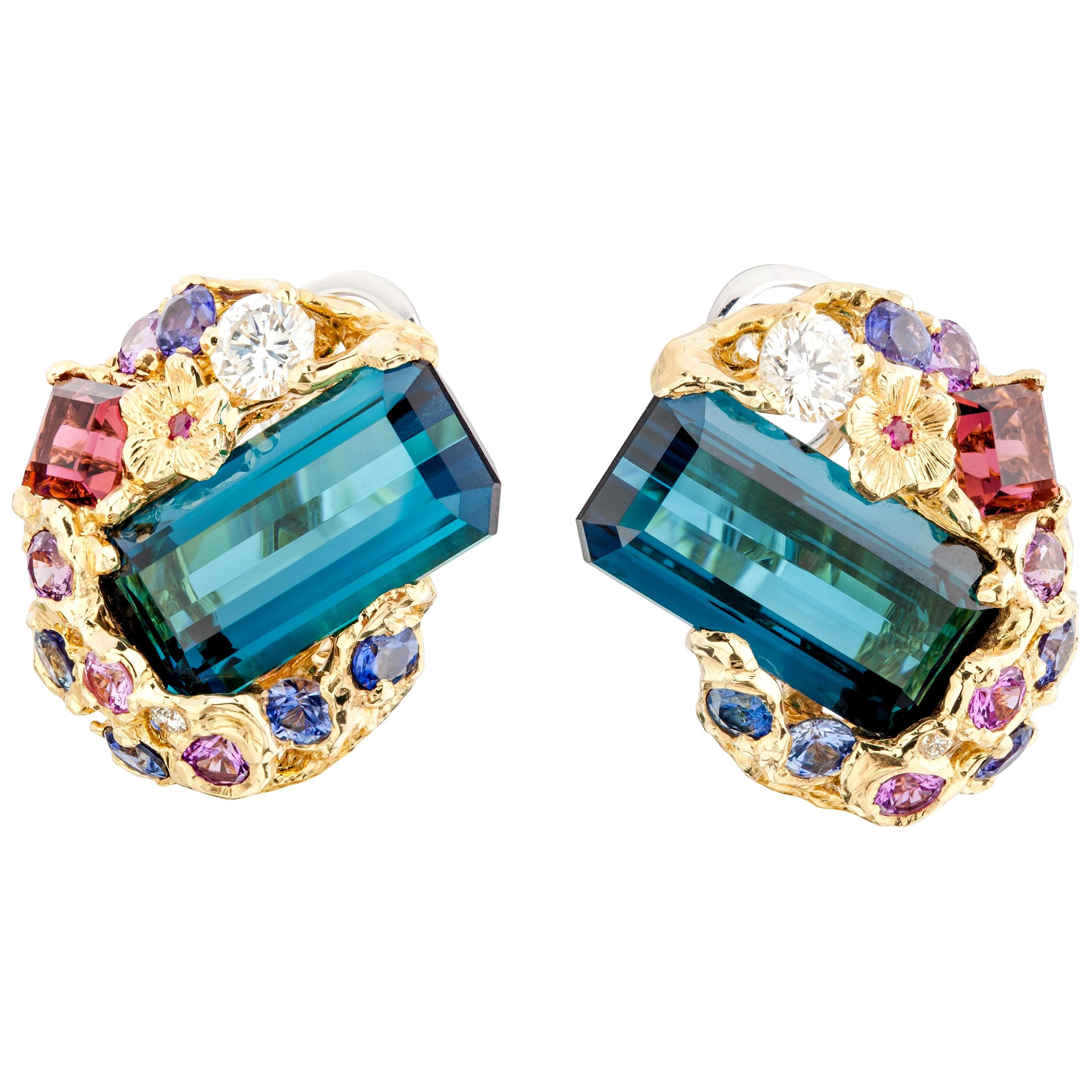 Moiseikin 18 Karat Gold Diamond Indigo Tourmaline Sapphire Cocktail Earrings For Sale