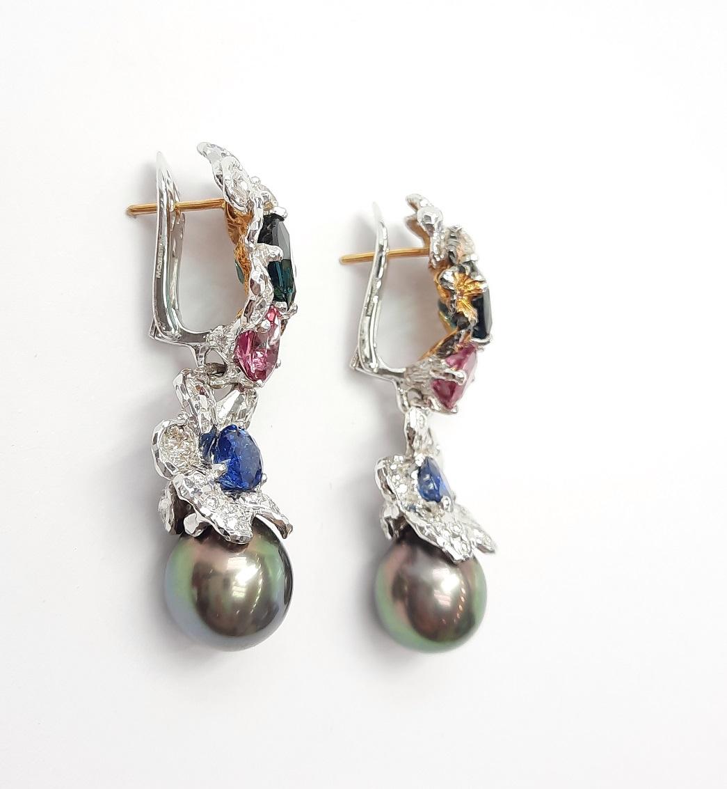 Contemporary Moiseikin 18k Gold Diamond Indigo Tourmaline Sapphire Pearl Cocktail Earrings For Sale